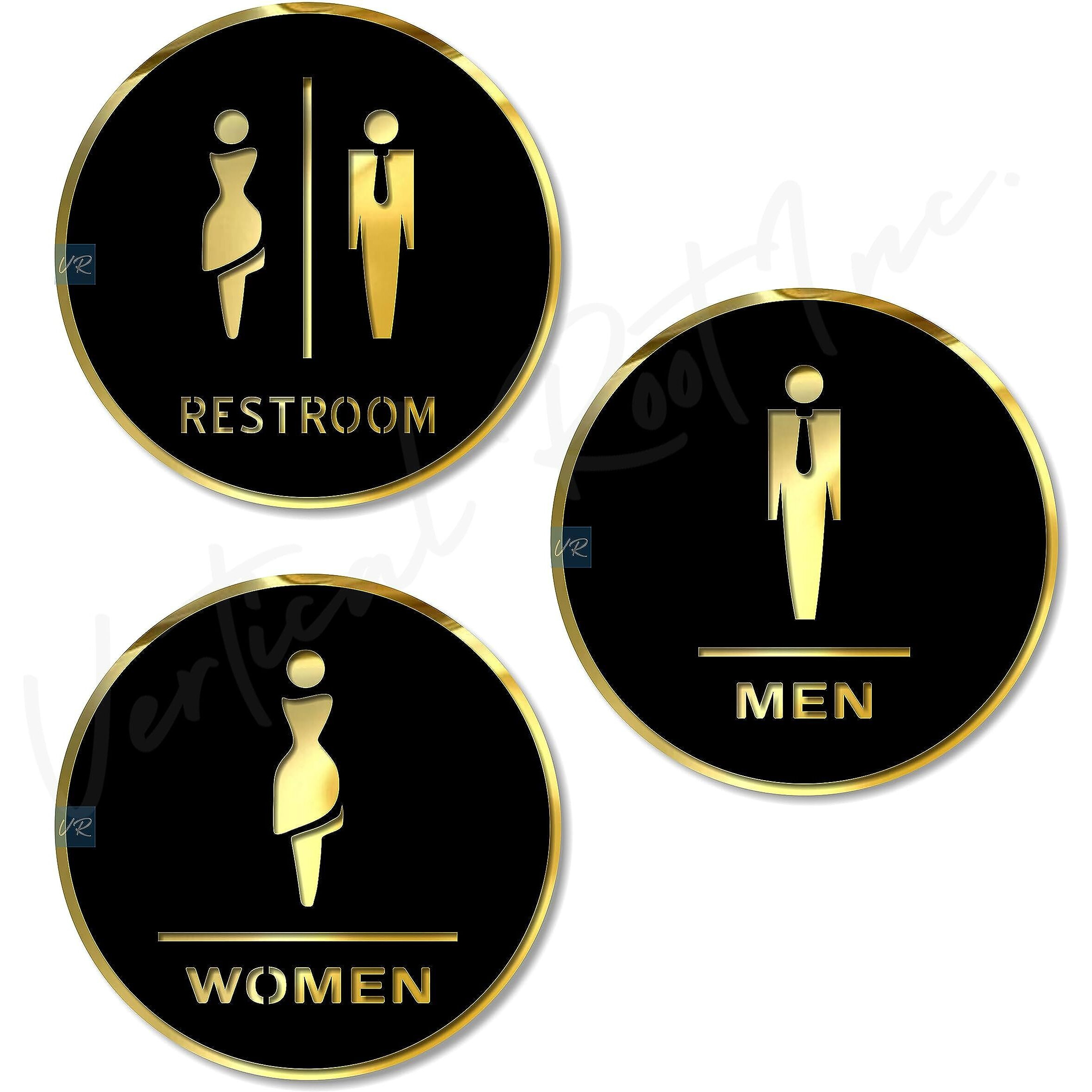 Vertical Root Inc Premium Black & Gold Finish Acrylic Restroom Men Women Door Sign 5.8 Inch X 5.8 Inch Easy To Mount Self-Adhesive Tape Signage For Hotel Office Hospital Business Etc.