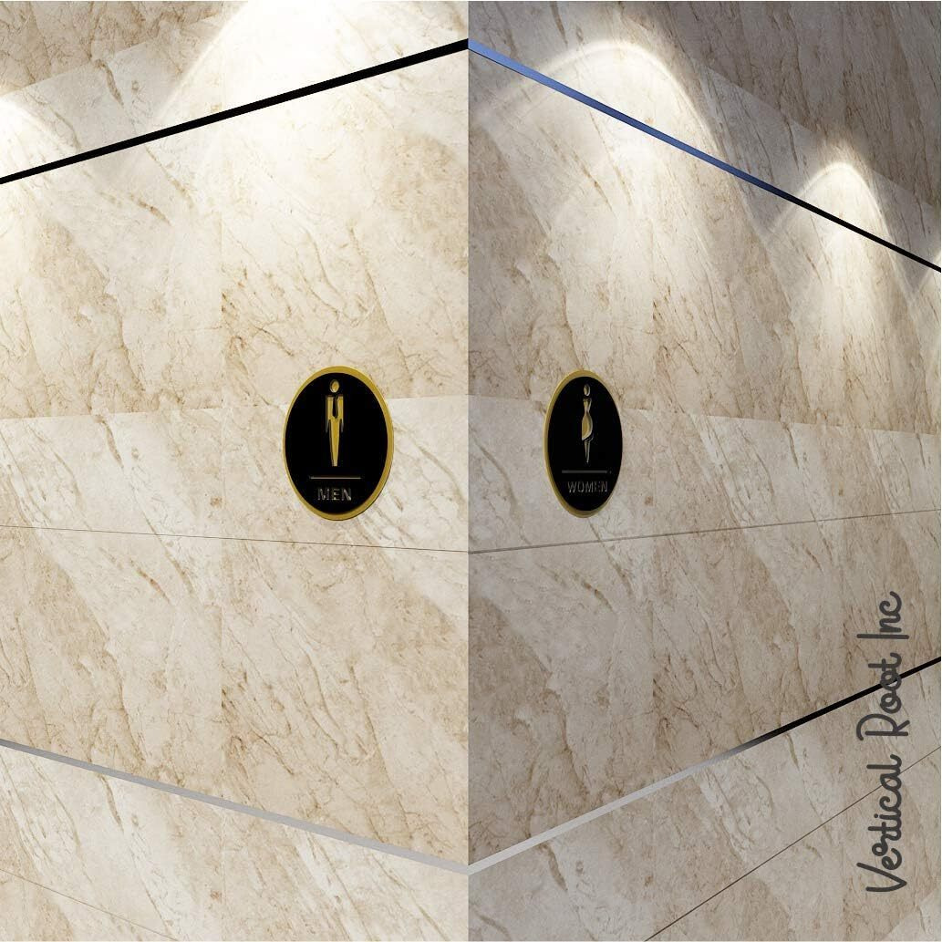 Vertical Root Inc Premium Black & Gold Finish Acrylic Restroom Men Women Door Sign 5.8 Inch X 5.8 Inch Easy To Mount Self-Adhesive Tape Signage For Hotel Office Hospital Business Etc.