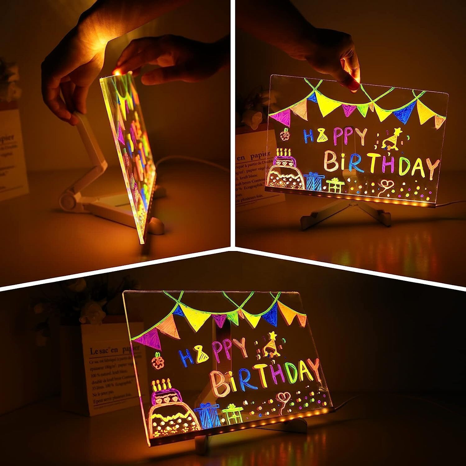 Parssufy 3D Acrylic Dry Erase Board With Light Up Dry Erase Board With Stand As A Glow Memo Led Letter Message Board With 13 Pens (20X30 Cm)