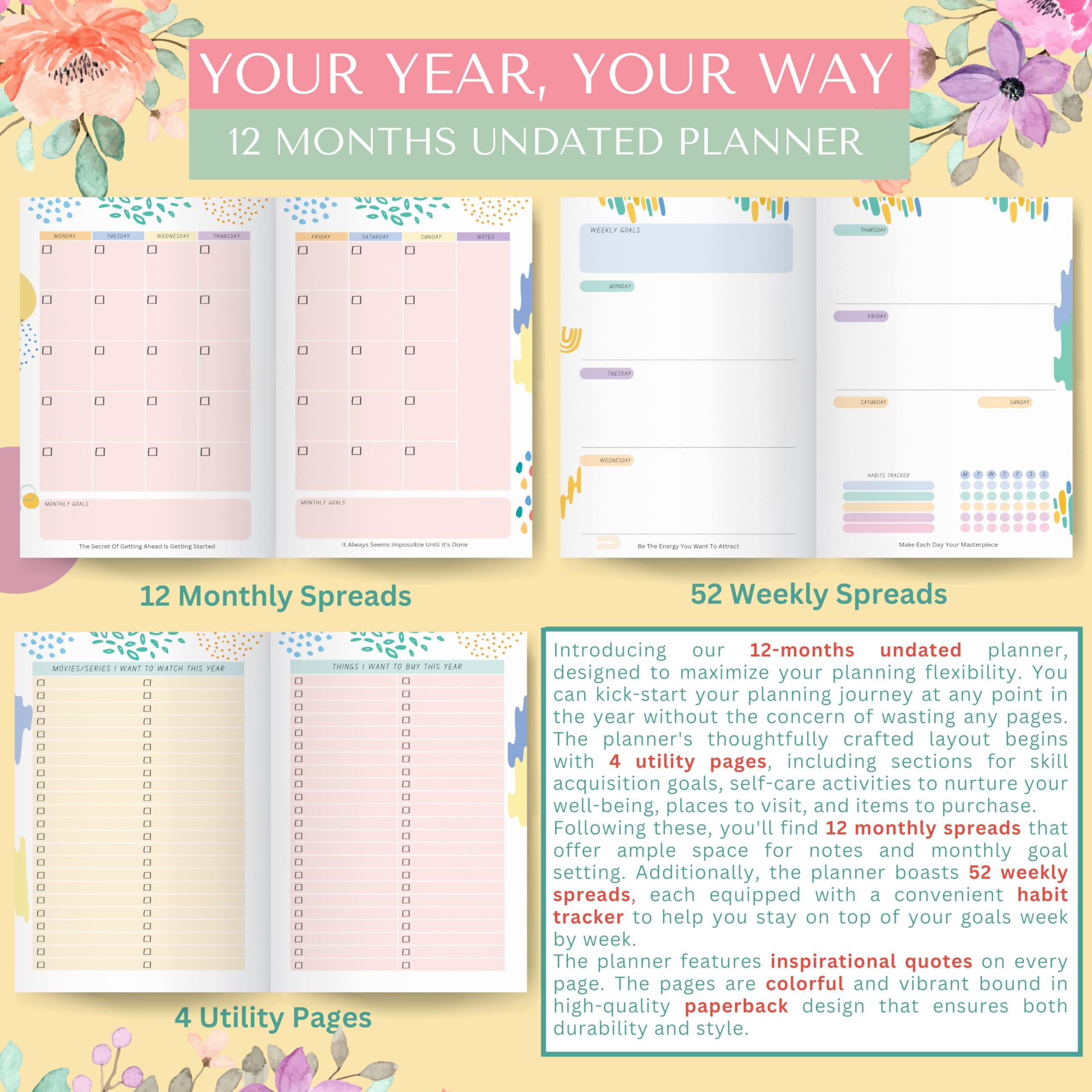 Lauret Blanc 12Months Undated Planner, 12 Monthly Spreads, 52 Weekly Spreads, Habit Tracker, Utility Pages, Paperback (Dream Believe Achieve.)