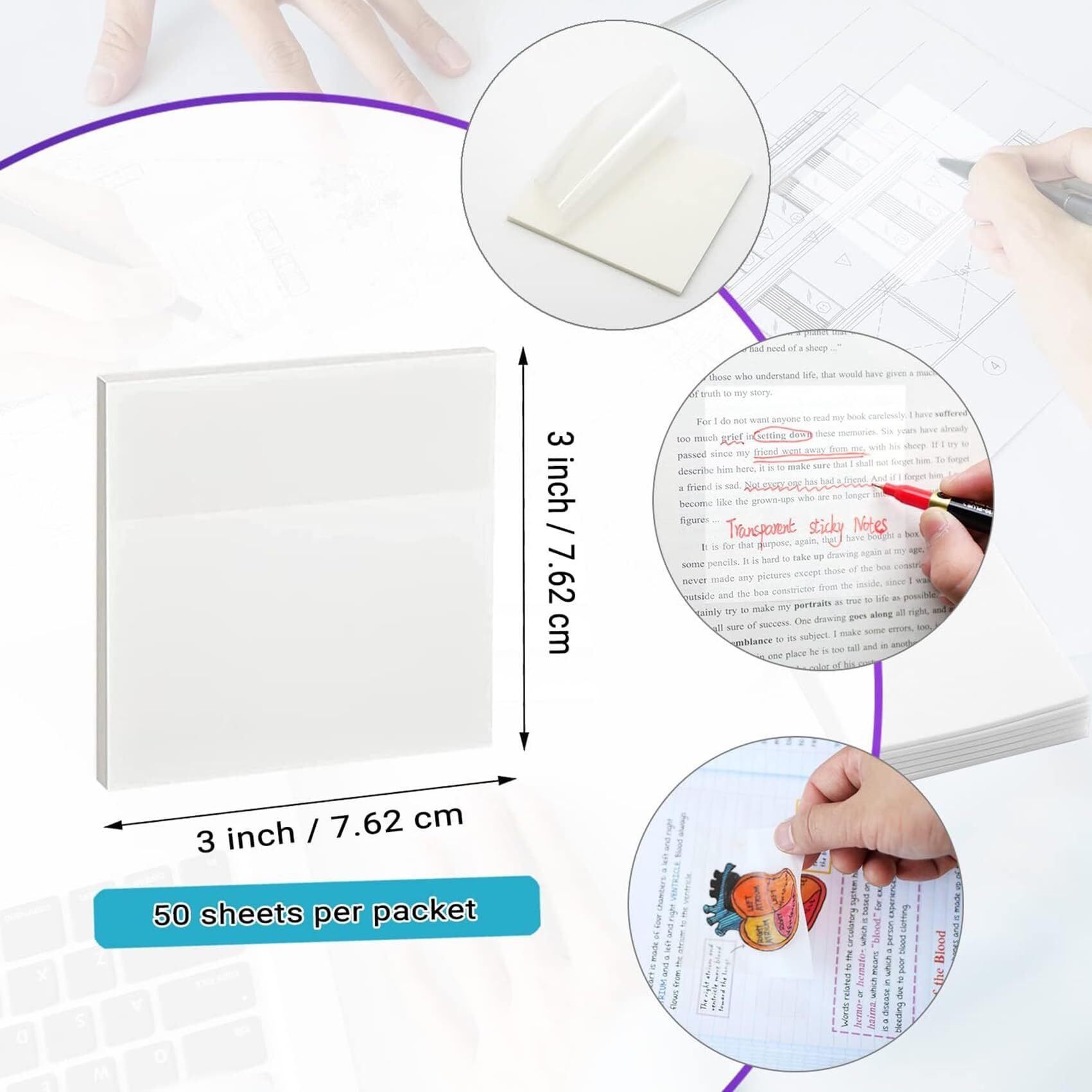 Glun Sticky Note Transparent Self-Sticky Note Pads, Clear Notes 75Mm*75Mm Transparent Self Adhesive Removable Perfect For Studying And Writing, Sheet 400 Pcs Pack Of 4