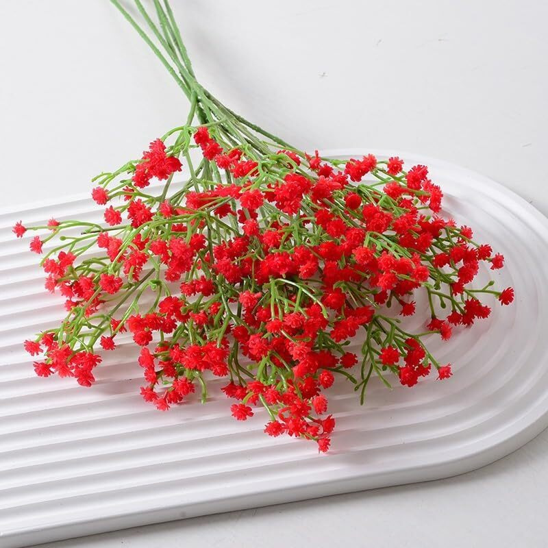 Satyam Kraft 5 Pcs Babys Breath Flowers Artificial Gypsophila Bouquets, Home Decor, Bedroom, Garden, Balcony, Living Room, Wedding, Valentines Day Decoration(Without Vase) (Plastic) (Red)