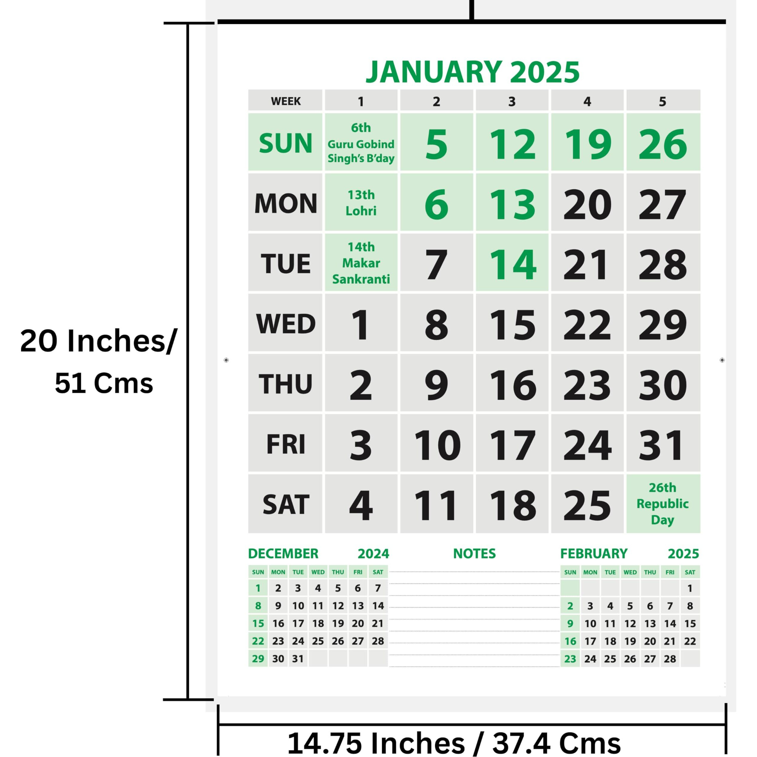 Lauret Blanc 2025 Wall Calendar -14.75" X 20" For Home & Office, Holidays Mentioned, (A)