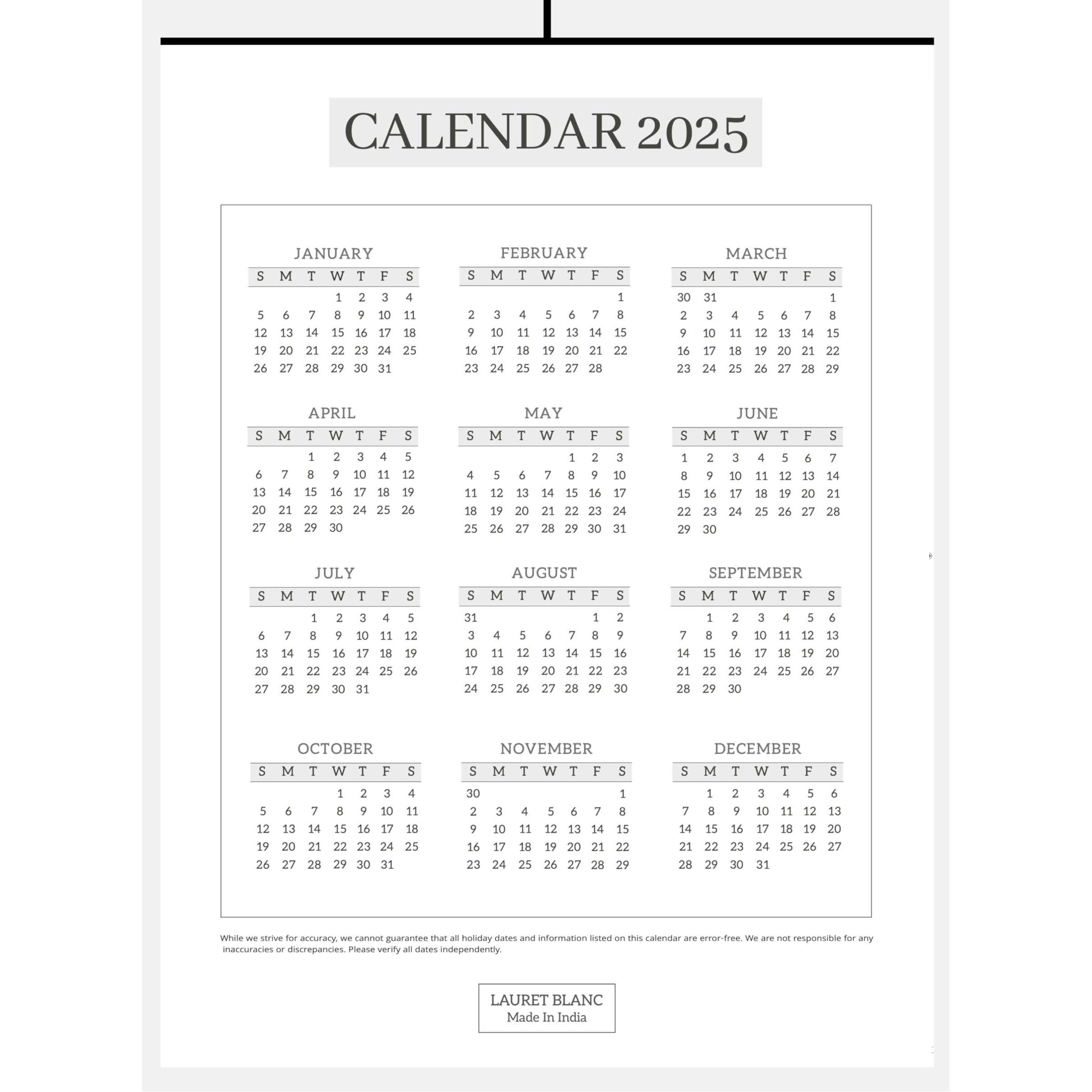Lauret Blanc 2025 Wall Calendar -14.75" X 20" For Home & Office, Holidays Mentioned, (A)