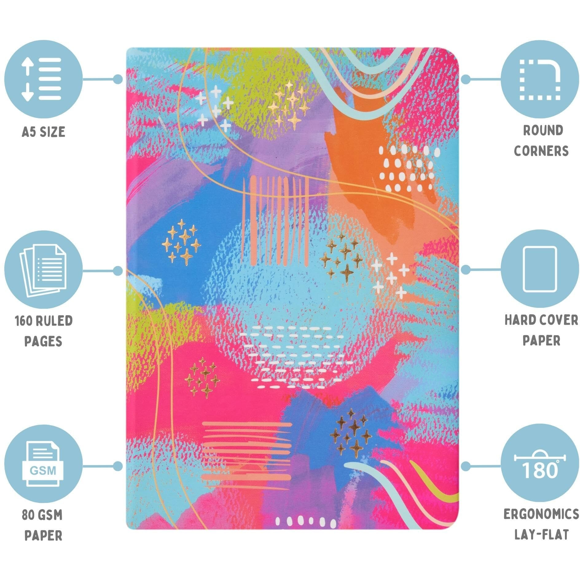 Doodle Hard Bound Soft Foam Padded Paper Notebook|Compact Size A5 (8.25 X 5.7)|160 Pages, 80 Gsm|Flat Opening|Soft Foam Padding|Two Bookmark Ribbons - Wishing Wave
