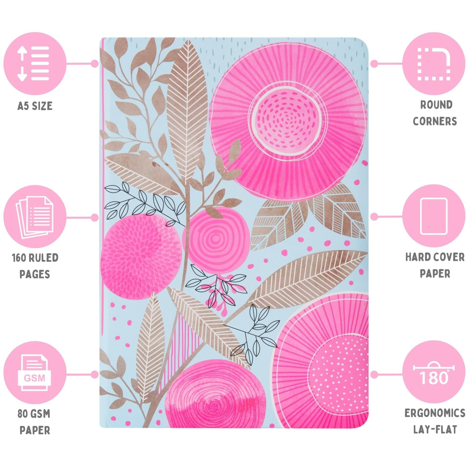 Doodle Hard Bound Soft Foam Padded Paper Notebook|Compact Size A5 (8.25 X 5.7)|160 Pages, 80 Gsm|Flat Opening|Soft Foam Padding|Two Bookmark Ribbons - Pink Rays