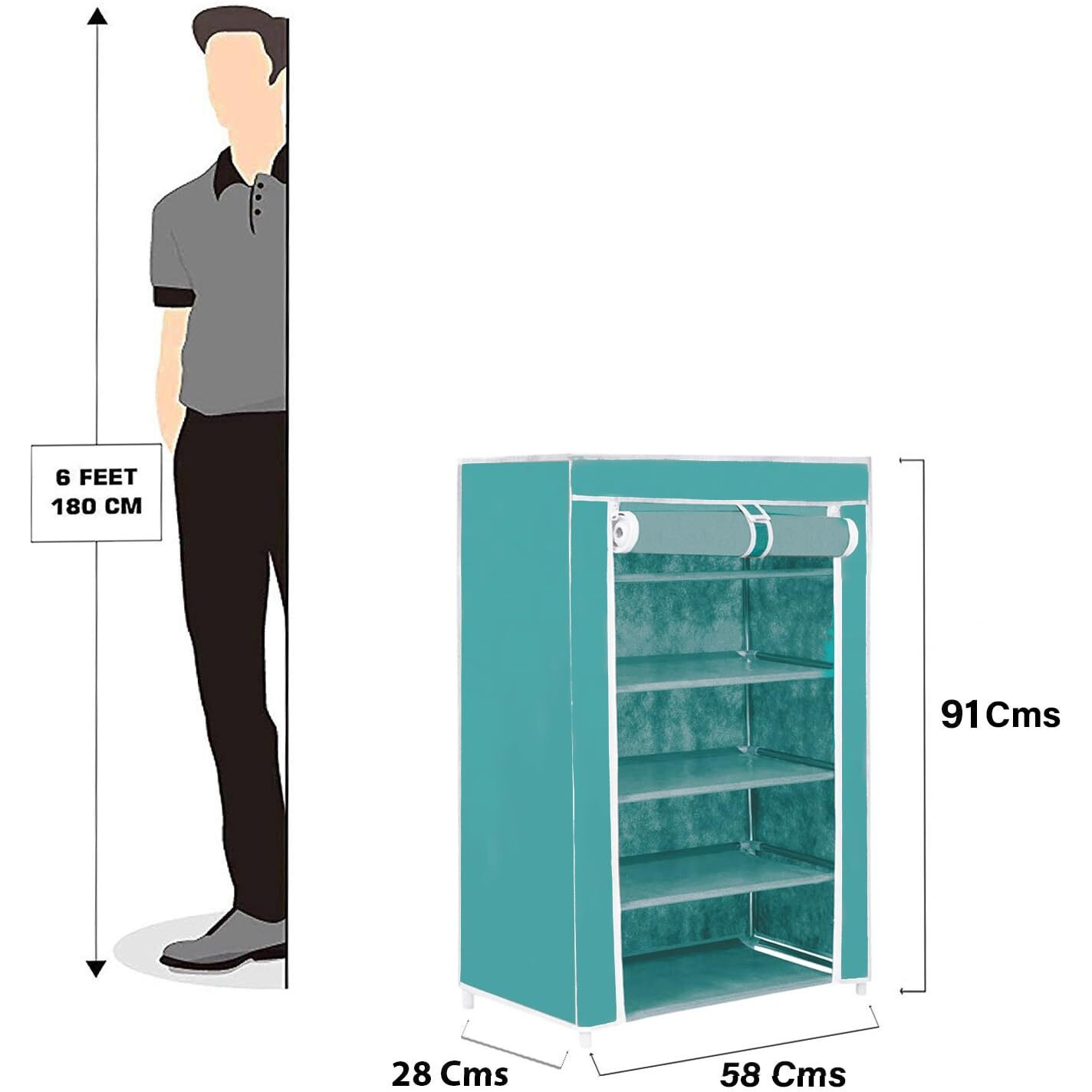 Flipzon Iron Pipes,Plastic,Non-Wooven Multipurpose 5 Shelves Shoe Rack With Zip Door Cover&Side Pockets,Multiuse Storage Rack For Footwear,Toys,Clothes With Dustproof Cover(5 Shelf,Green),58X28X91 Cm