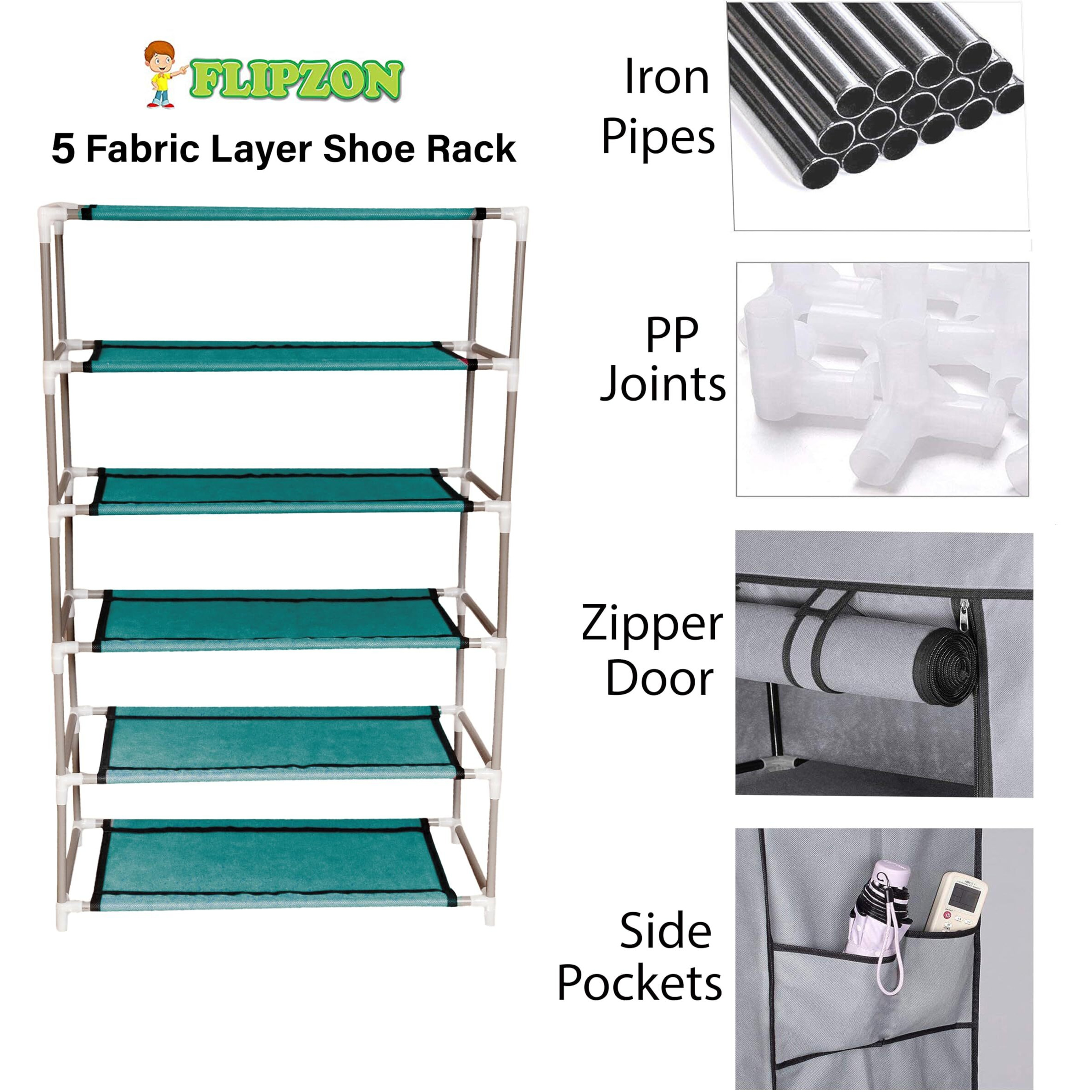 Flipzon Iron Pipes,Plastic,Non-Wooven Multipurpose 5 Shelves Shoe Rack With Zip Door Cover&Side Pockets,Multiuse Storage Rack For Footwear,Toys,Clothes With Dustproof Cover(5 Shelf,Green),58X28X91 Cm