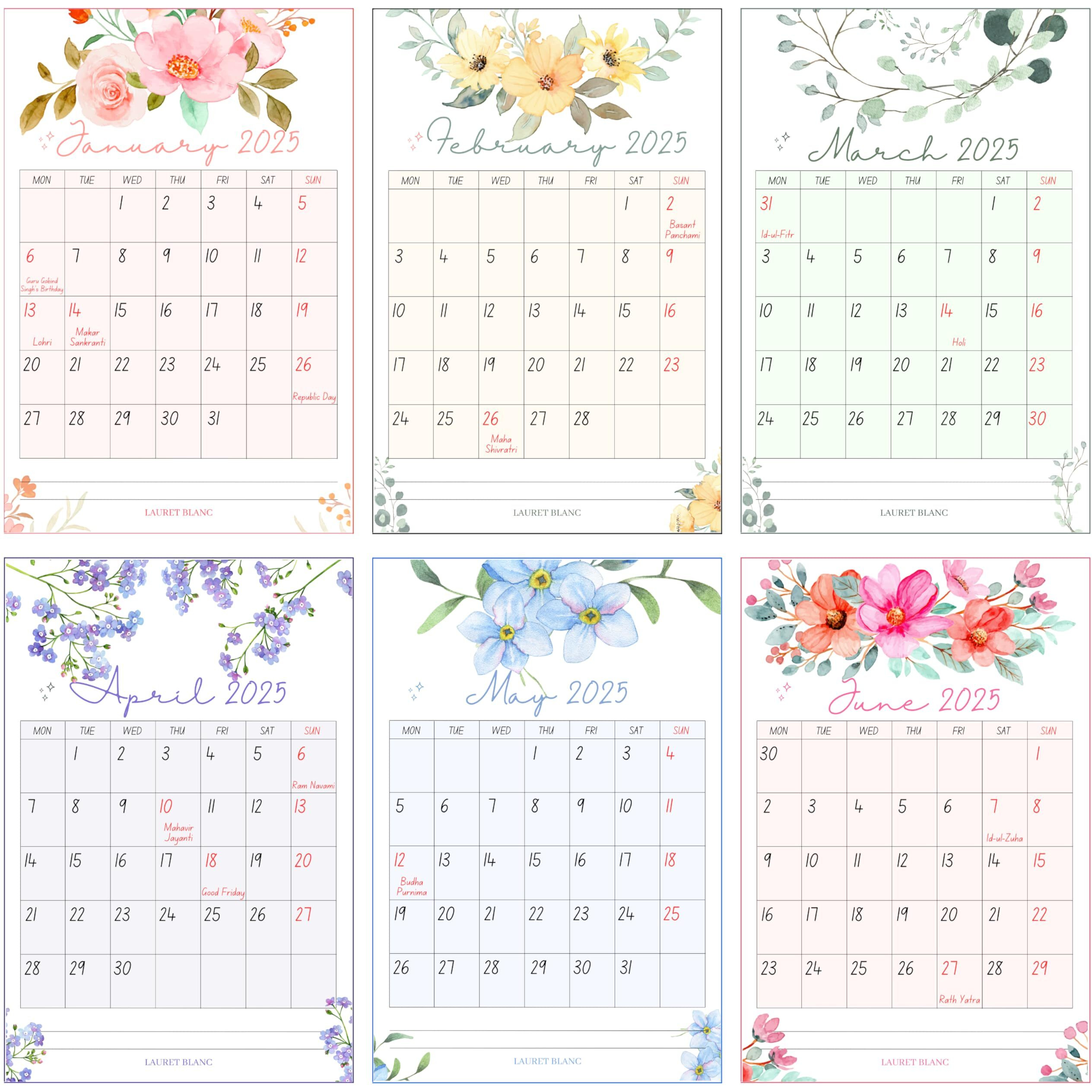 Lauret Blanc 2025 Wall Calendar -12" X 17.5" For Home & Office, Floral Calendar, 170 Gsm (C)