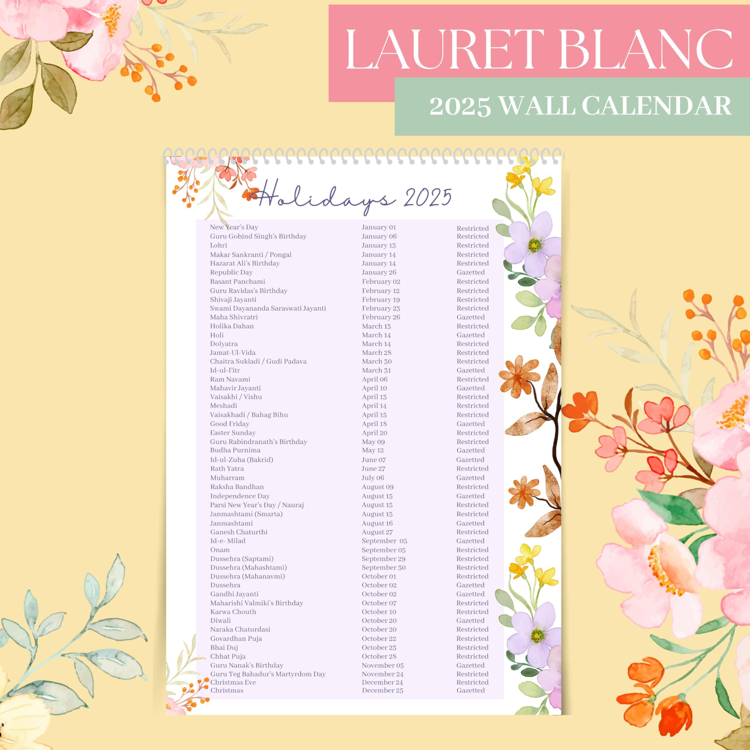 Lauret Blanc 2025 Wall Calendar -12" X 17.5" For Home & Office, Floral Calendar, 170 Gsm (C)