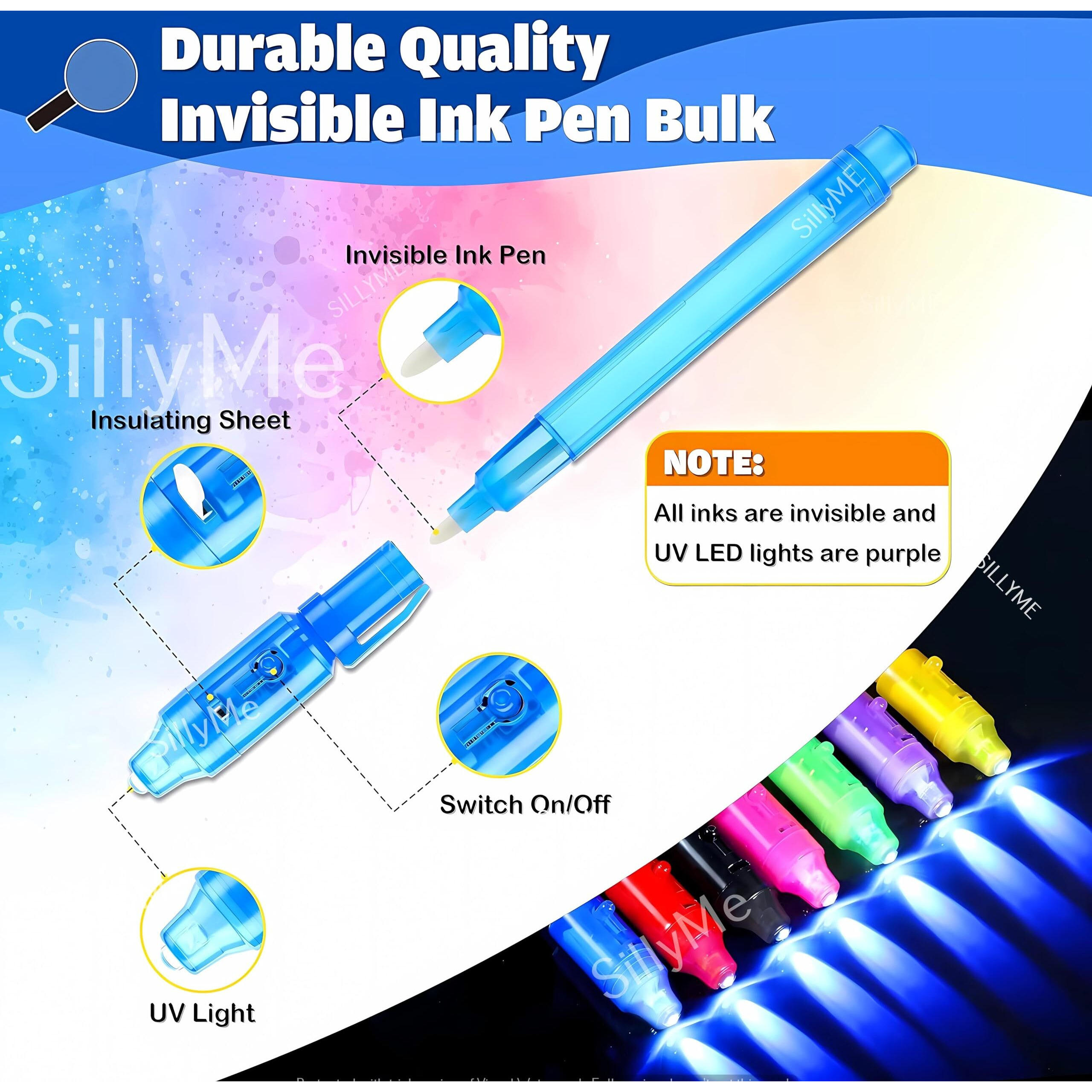 Sillyme 30 Pc Invisible Black Ink Magic Pen With Uv Light - Return Gifts Birthday Party For Kids - Secret Message Pen For Kids - Spy Pen Cheating Pen Gadget