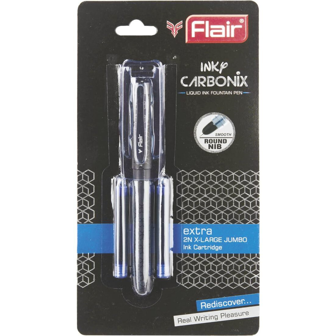 Flair Inky Series Carbonix Liquid Ink Fountain Pen Blister Pack | Round, Iridium Tip | Attractive Design | Free 2 Pieces X-Large Jumbo Cartridges With Each Pack | Blue Ink, Pack Of 2