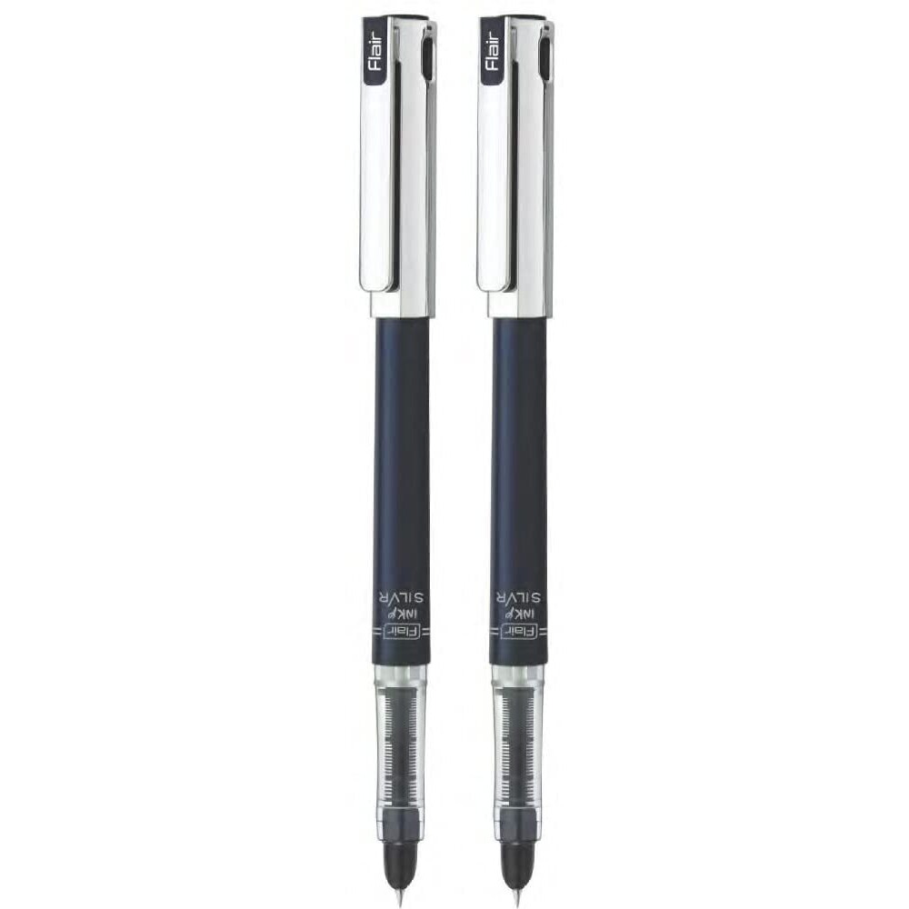 Flair Inky Series Silver Liquid Ink Fountain Pen Blister Pack | Free 2 Pcs X-Large Jumbo Cartridges | Stainless Steel Nib With Iridium Tip | Comfortable Grip For Smooth Writing | Blue Ink, Pack Of 2