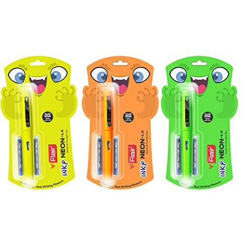 Flair Inky Series Neon Liquid Ink Fountain Pen Blister Pack | Free 2 Pieces X-Large Jumbo Cartridges With Each Pack | Cute & Stylish Pen For Kids Girls Students Teens Gifts | Blue Ink, Pack Of 3