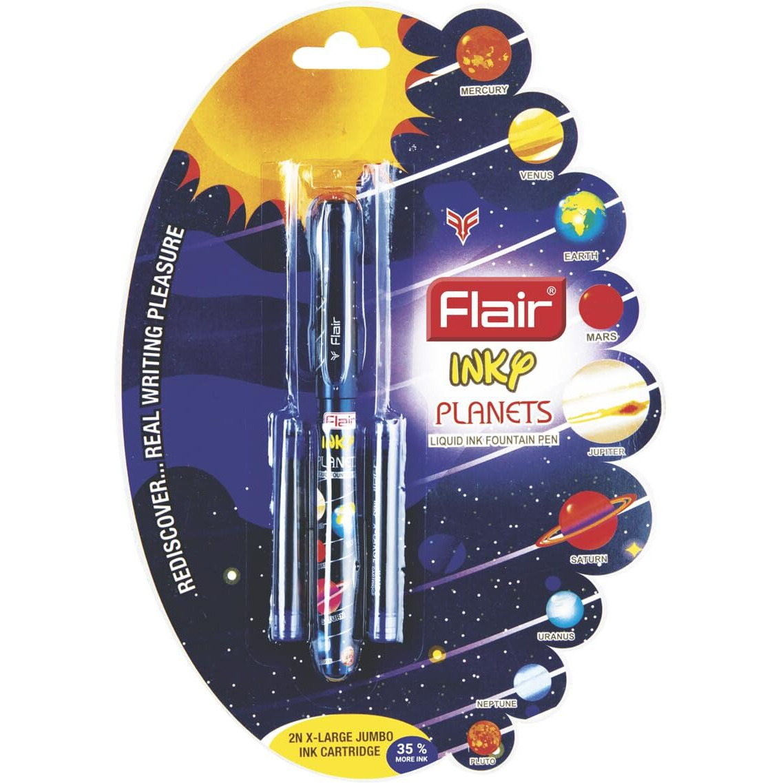 Flair Inky Series Planets Liquid Ink Fountain Pen Blister Pack | 2 Pieces X-Large Jumbo Cartridges With Each Pack | Cute & Stylish Pen For Kids Girls Students Teens Gifts | Blue Ink, Pack Of 3