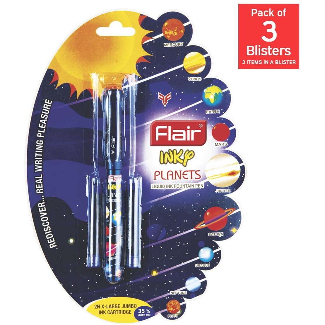 Flair Inky Series Planets Liquid Ink Fountain Pen Blister Pack | 2 Pieces X-Large Jumbo Cartridges With Each Pack | Cute & Stylish Pen For Kids Girls Students Teens Gifts | Blue Ink, Pack Of 3