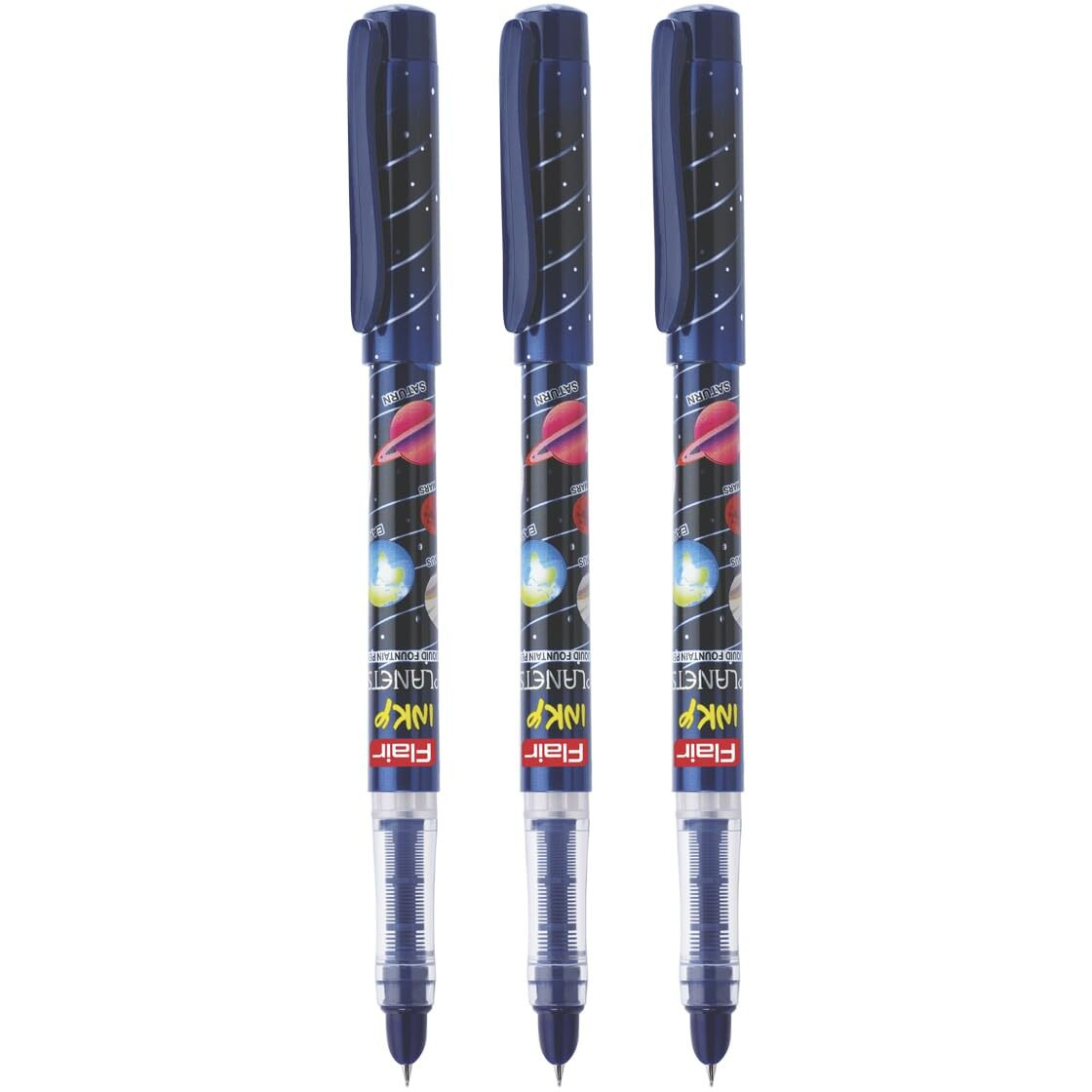 Flair Inky Series Planets Liquid Ink Fountain Pen Blister Pack | 2 Pieces X-Large Jumbo Cartridges With Each Pack | Cute & Stylish Pen For Kids Girls Students Teens Gifts | Blue Ink, Pack Of 3