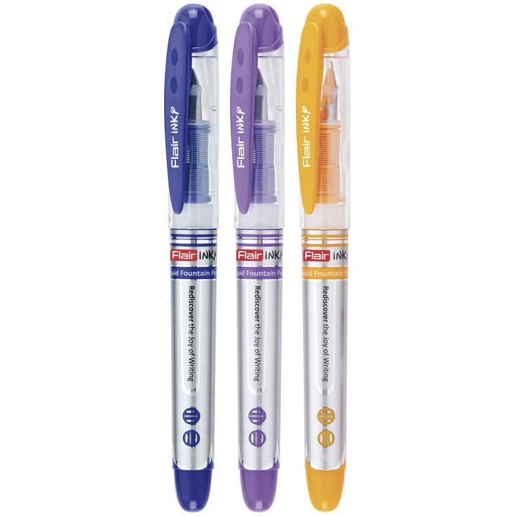 Flair Inky Fountain Pen Blister Pack | Stainless Steel Round Tip | Free 2 Pieces X-Large Jumbo Cartridges Each Pack | Comfortable Grip For Smooth Writing | Blue Ink, Pack Of 3