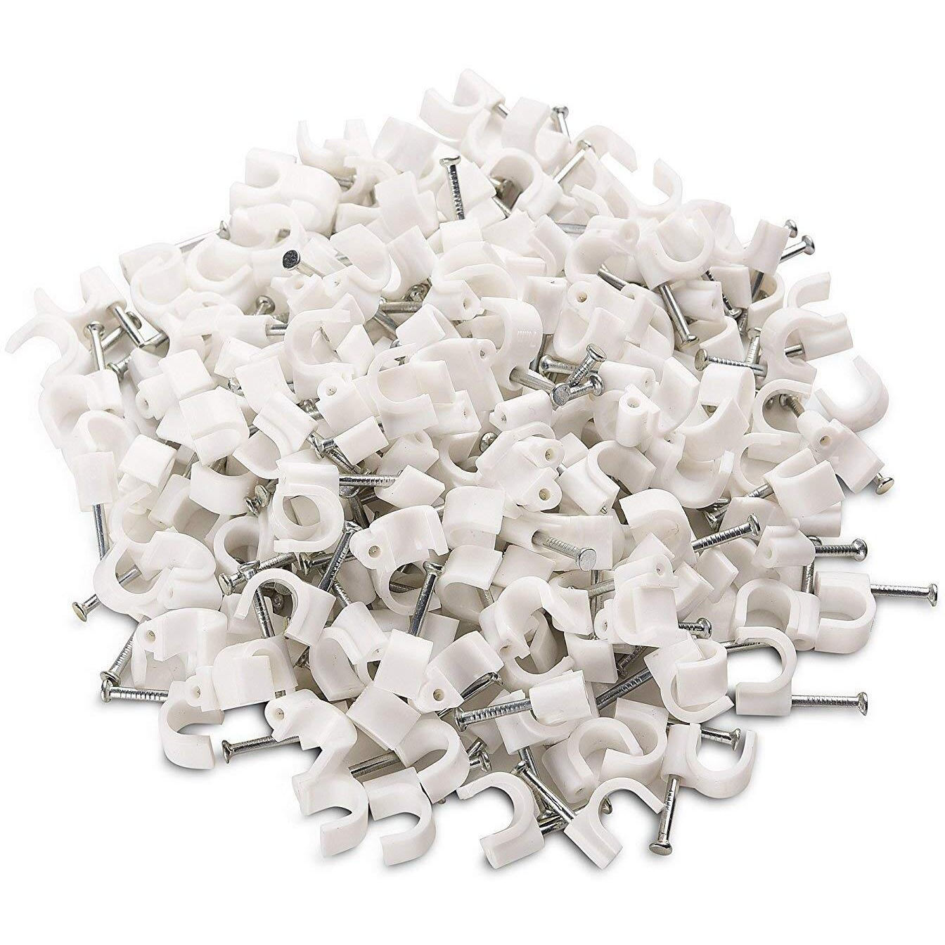 Hi-Plasst (10Mm,100Pcs) Wire Fastener Circle Cable Clips With Metal Nails For Cable Management, Cord Organizer, Round Wire Clamps For Hanging Cables Fitting On Wall (White, Pack Of 100, 10 Mm)