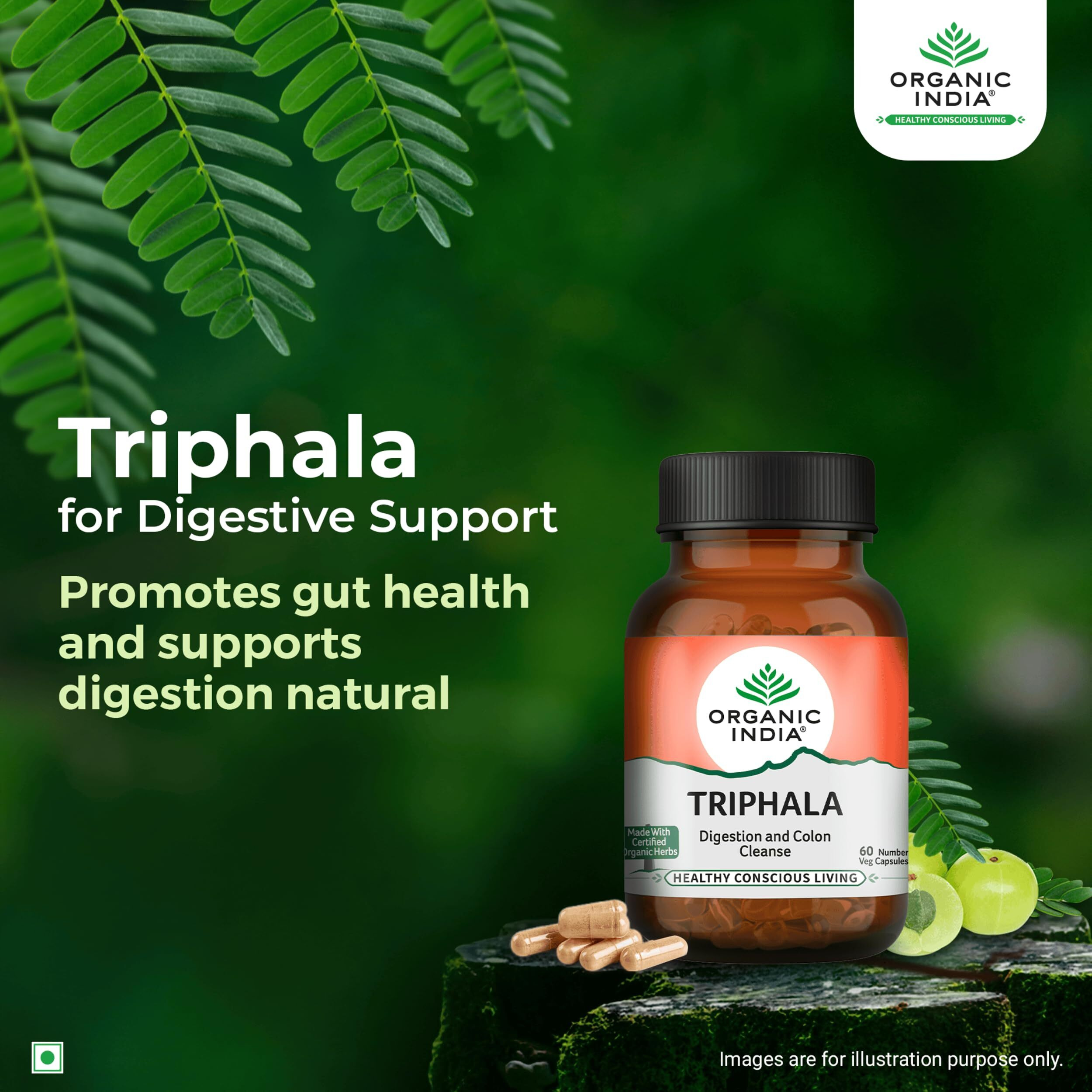 A Tata Product - Organic India Triphala Capsules - 60 Caps, Supports Immune System, Colon & Digestion, Balanced Bowel & Gut Health, Contains Bioactives And Antioxidants, Gmp & Npop Certified Organic