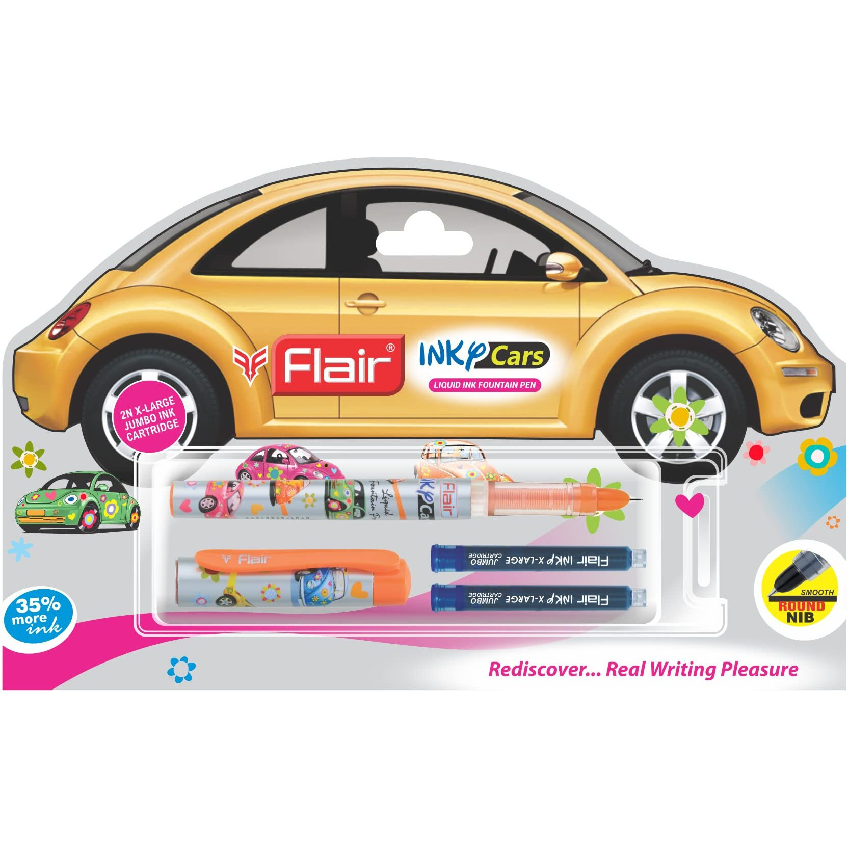 Flair Inky Series Cars Liquid Ink Fountain Pen Blister Pack | Free 2 Pieces X-Large Jumbo Cartridges With Each Pack | Cute & Stylish Pen For Kids Girls Boys Students Teens Gifts | Blue Ink, Pack Of 3