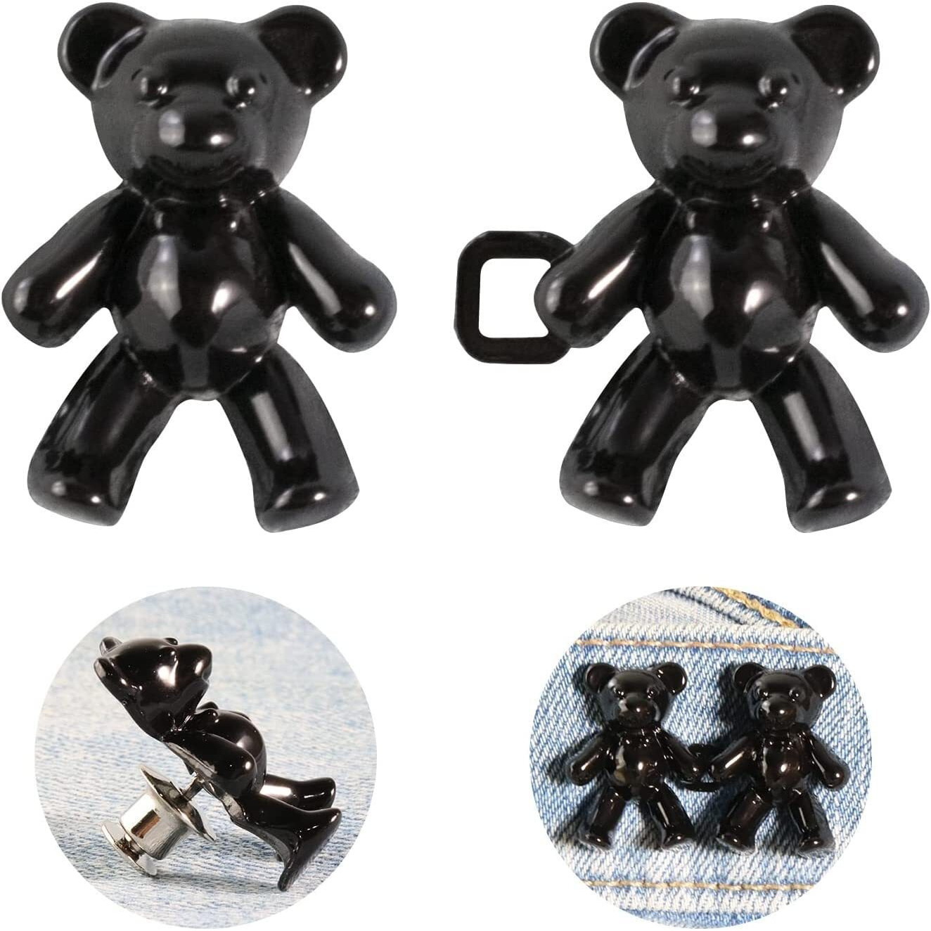 Heavy Driver 2Pcs Cute Bear Button Pins For Jeans Adjustable Teddy Bear Button Pins Waist Buckle For Loose Jeans Pants, Detachable Buttons For Jeans Waist Buckle No Need Sewing Waist Tightener Clip (Bear Black)