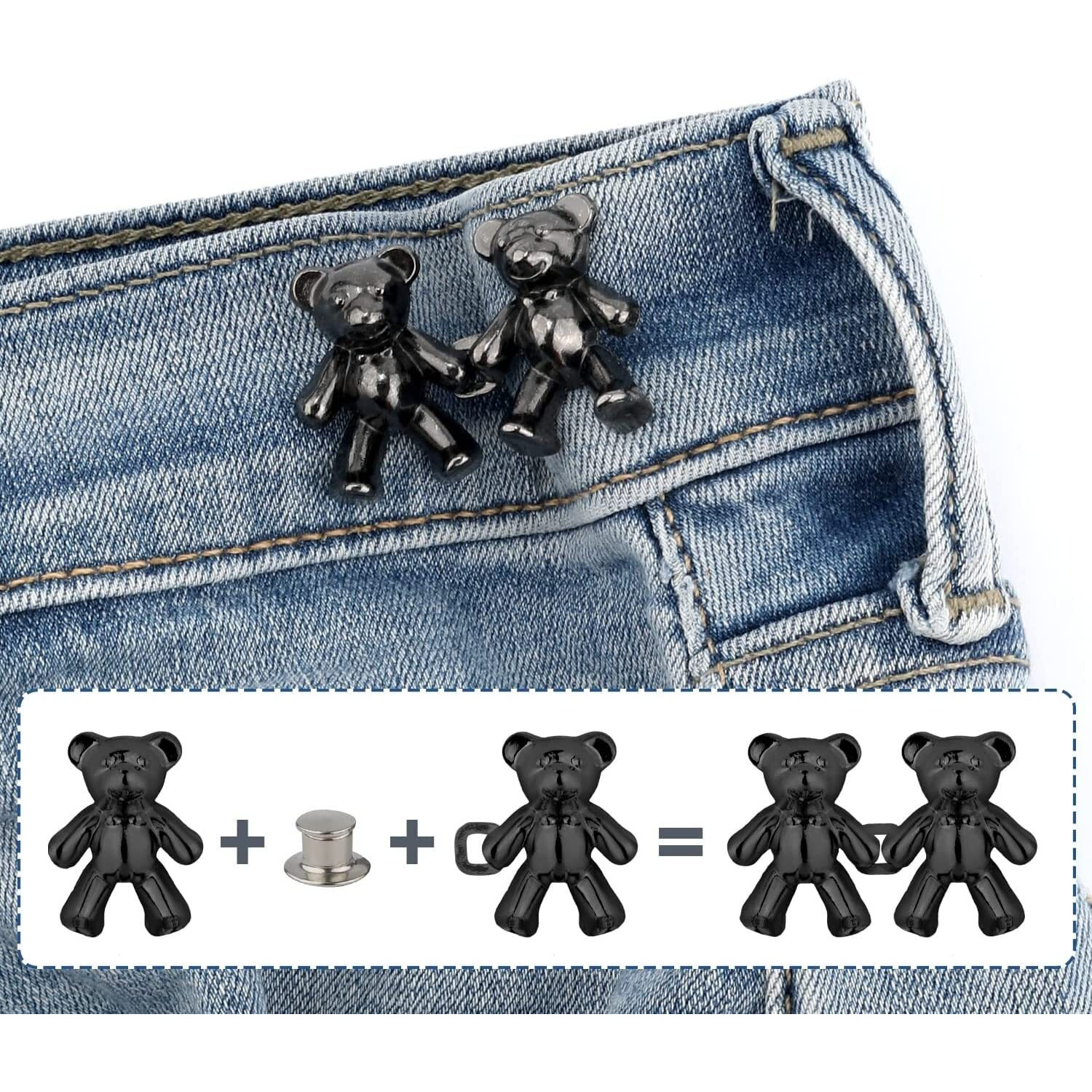 Heavy Driver 2Pcs Cute Bear Button Pins For Jeans Adjustable Teddy Bear Button Pins Waist Buckle For Loose Jeans Pants, Detachable Buttons For Jeans Waist Buckle No Need Sewing Waist Tightener Clip (Bear Black)