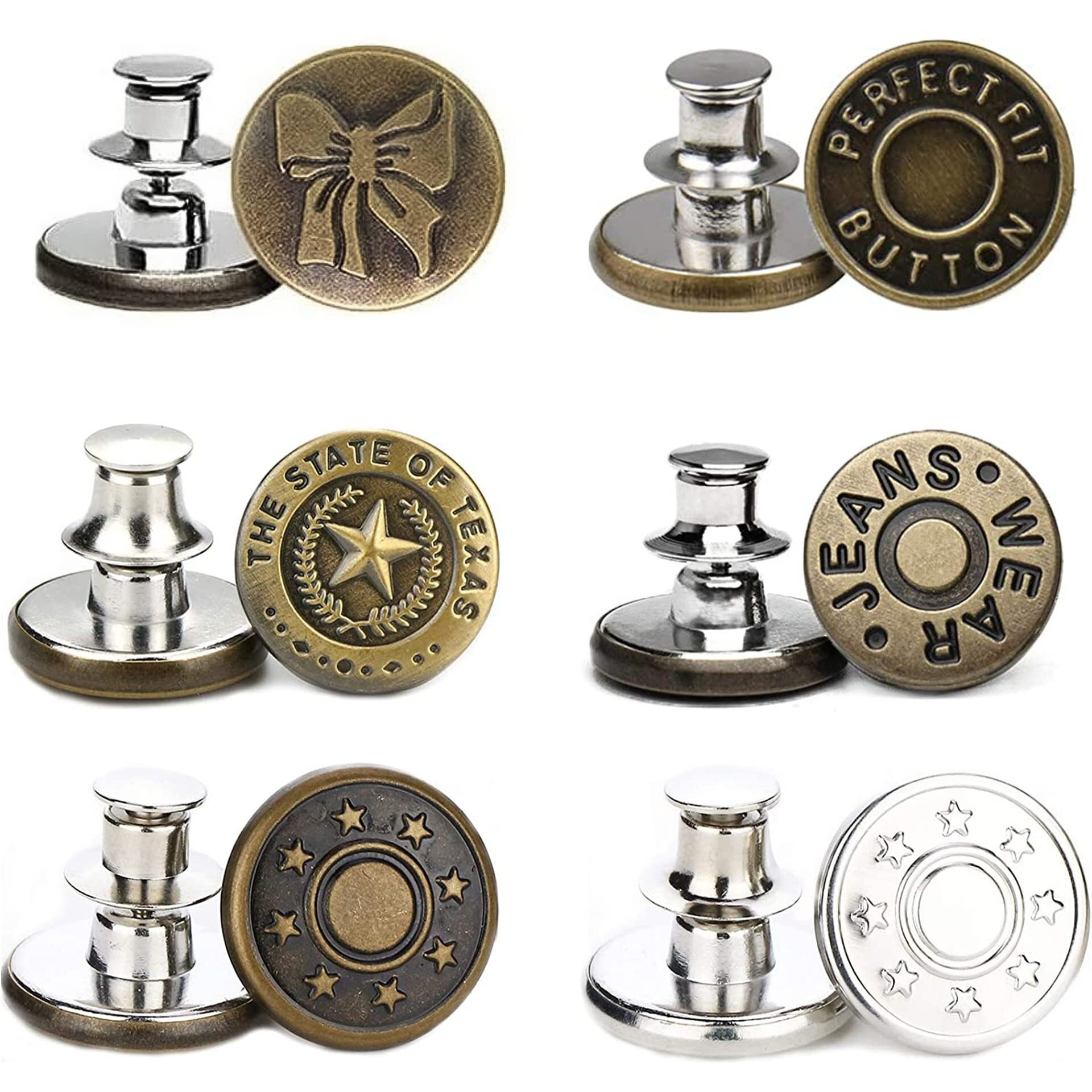 Heavy Driver 6Pcs Detachable Button For Jeans 6 Styles No Sew Metal Buttons For Denims Waist Extender Button Removable Reusable Instant Button Without Sewing For Trousers Pants Bags Skirt (Style B)