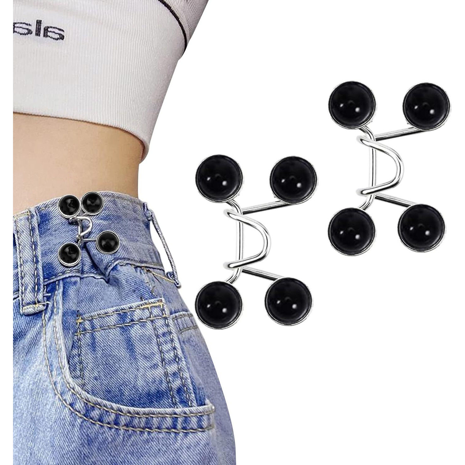Heavy Driver 2Pcs Pant Waist Tightener, Adjustable Waist Buckle Set, Extra Button For Jeans To Make Tighter, Instant Jeans Button Pins For Pants Jeans Skirts, No Sewing Required (Pearl Black)
