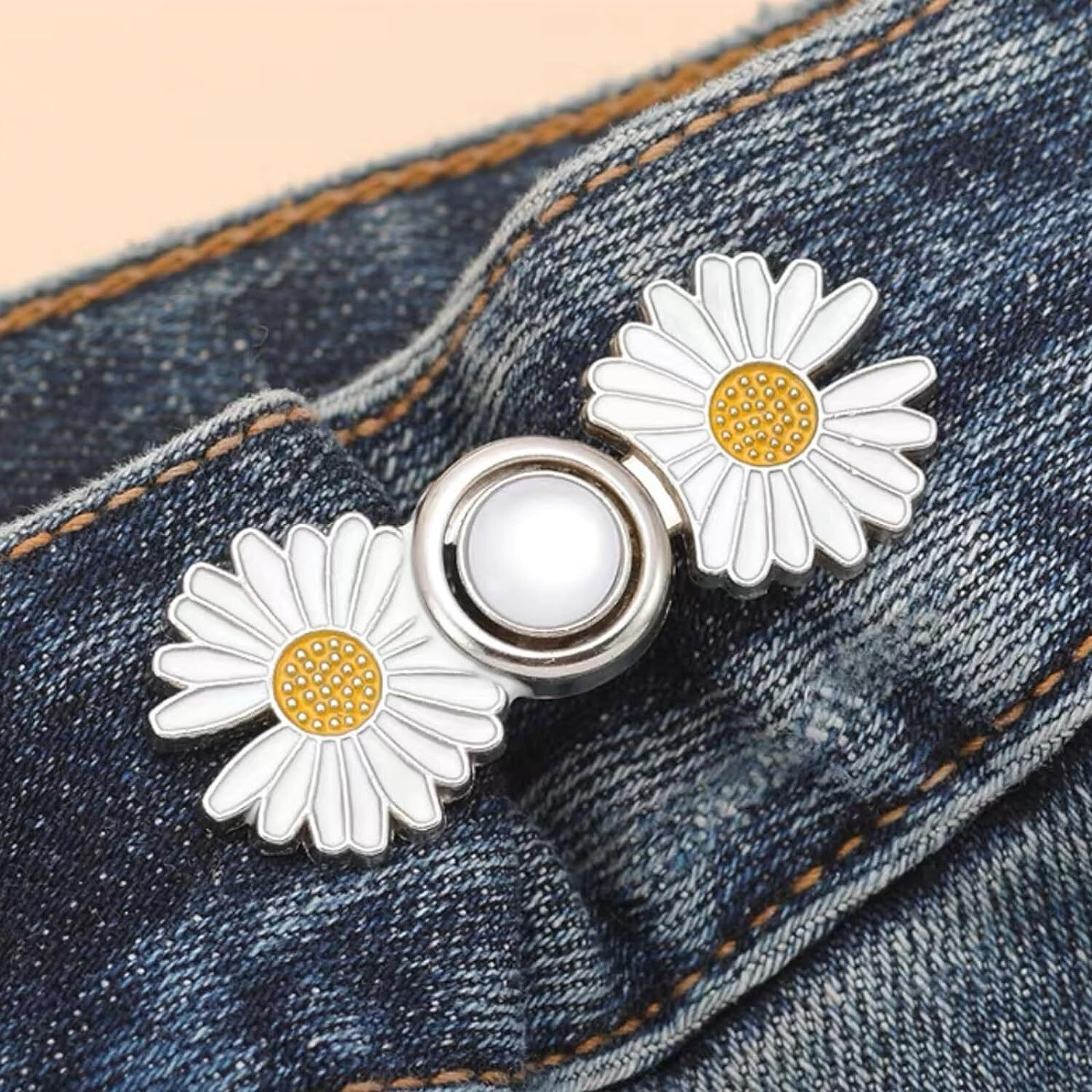 Heavy Driver 2Pcs Pant Waist Tightener, Adjustable Waist Buckle Set, Extra Button For Jeans To Make Tighter, Instant Jeans Button Pins For Pants Jeans Skirts, No Sewing Required (Daisy Flower - W)