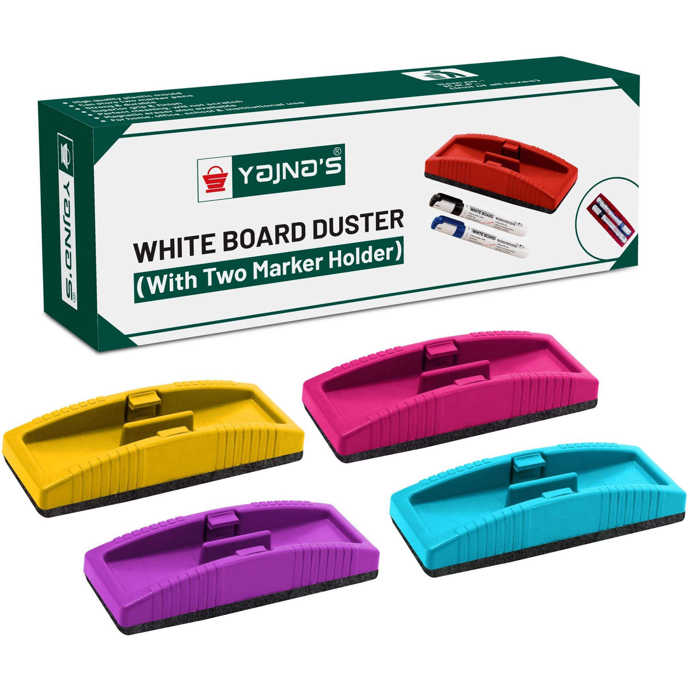 Yajnas Magnetic Whiteboard Duster, White Board Duster | Whiteboard Eraser For Erasing White Board Marker Or Chalk Board Writing - Assorted Colours - Colour May Vary (Magnetic Duster, Pack Of 4)