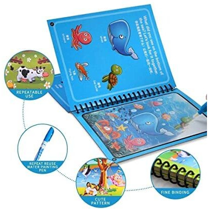 Snozio Magic Water Coloring Doodle Book & Magic Pen Reusable Magic Water Quick Dry Book Water Coloring Book Doodle With Magic Pen Painting Board For Children Education Drawing Pad (Pack Book)