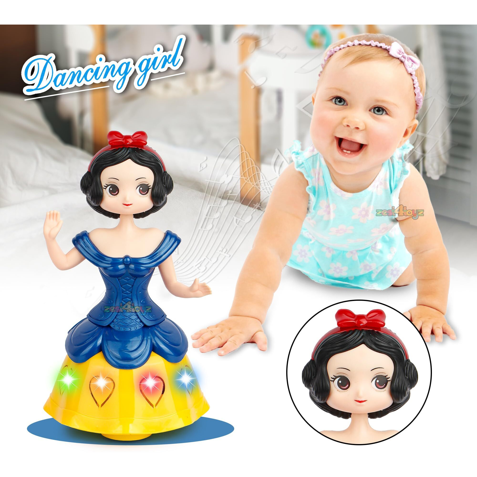 Zest 4 Toyz Musical Toys For Kids Princess Dancing Doll 360 Degree Rotating Light & Sound Toy Bump And Go Action For 1 Year Old Baby Boys & Girls - Random Colors (Pack Of 1)