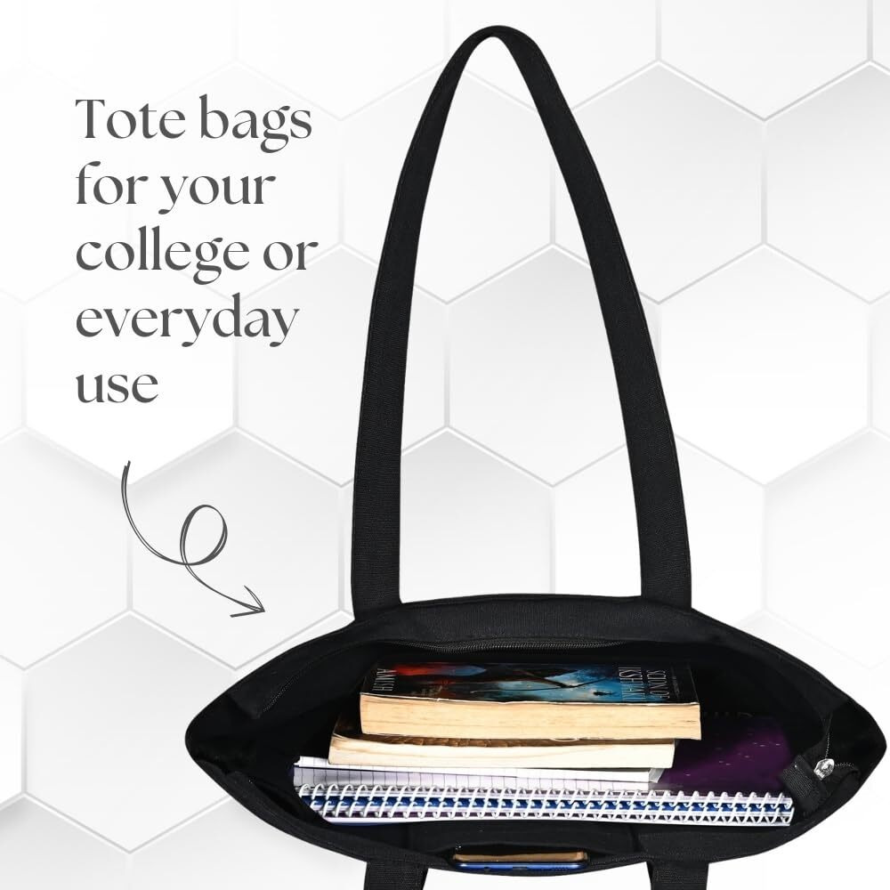 Danioo &quotDon'T Worry We Carry" Canvas Reusable Cloth Tote Bag With Zipper And Inner Pocket For Women And Girls, Travel/Beach/Gift/College Tote Bag Pack Of 1 (Black) (White, Orange)