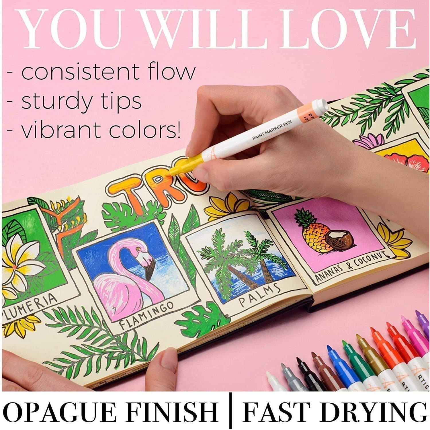 Super Toy 12 Shades Acrylic Paint Marker Water Color Pen Set For Painting Canvas, Glass, Mug, Wood, Fabric, Pink, White
