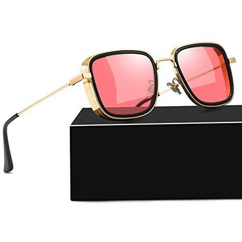 Elegante Men's Square Sunglasses Red, Gold Frame Black Lens, Polarization ( Medium )-Pack Of 1