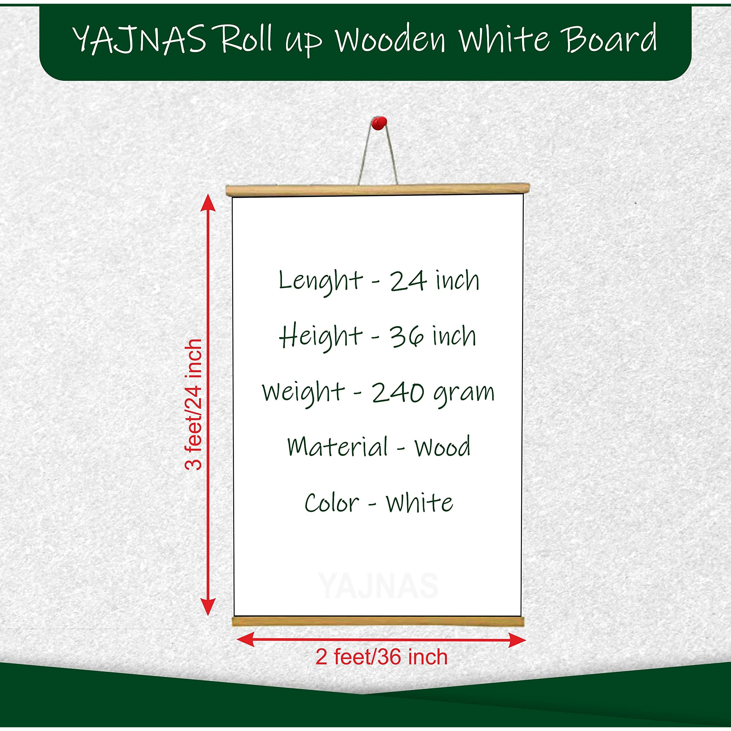 Yajnas 2X3 Feet/ 60X90 Cm Roll Up Wooden White Board For Teaching Chalk Board Wall Hanging For Kids + Wooden Duster (60 Cm X 90 Cm)(White 2X3 Feet (White)