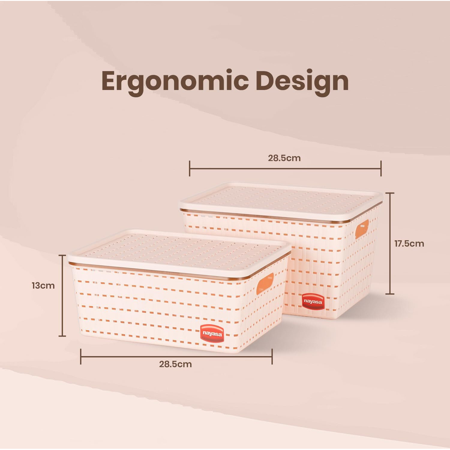Nayasa Gloria 2 Pcs Set Basket | Rectangular Shape | Medium 1 + Big 1 | Plastic Basket With Lid | Multipurpose Basket With Lid | Organizer Basket With Lid | Peach