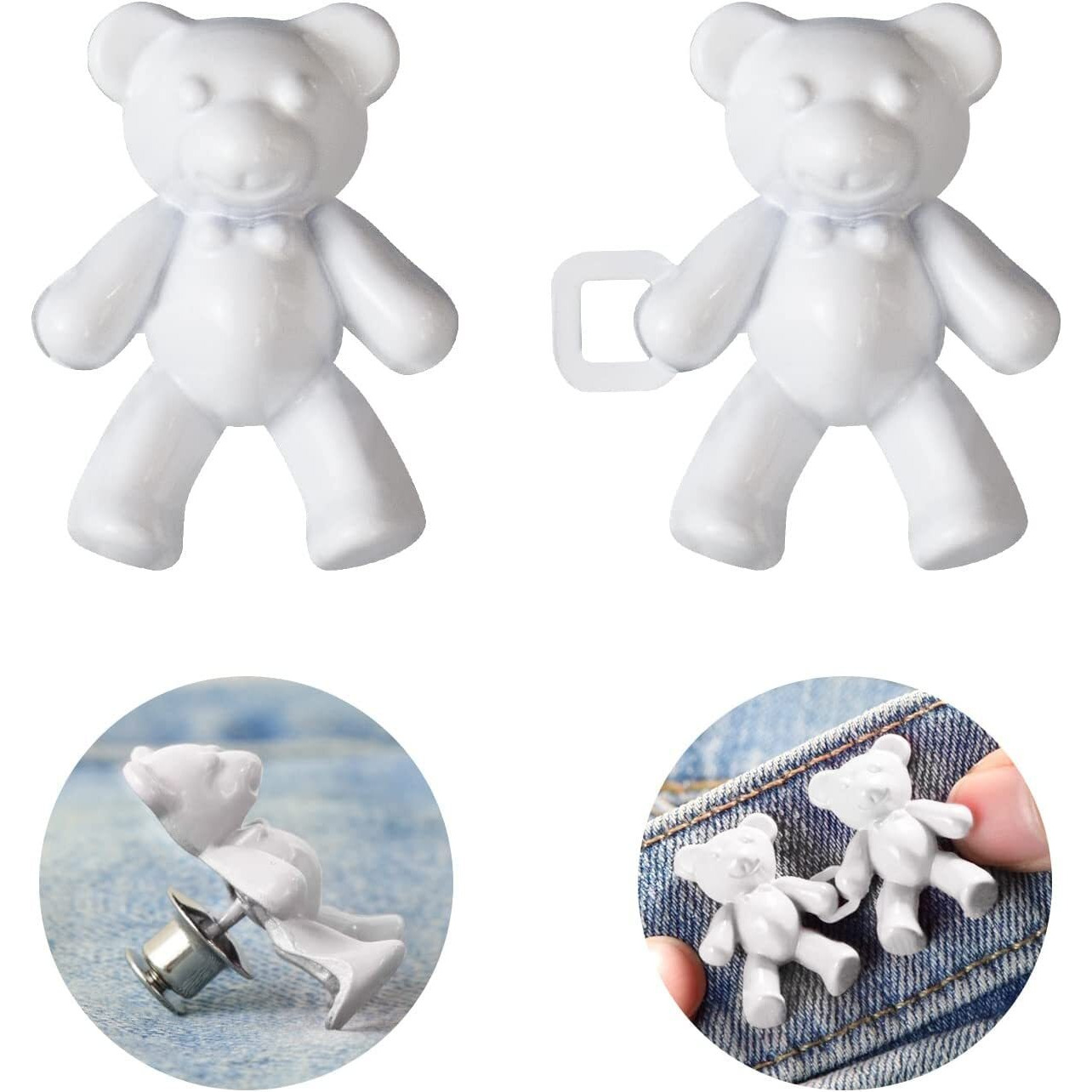 Heavy Driver 2Pcs Cute Bear Button Pins For Jeans Adjustable Teddy Bear Button Pins Waist Buckle For Loose Jeans Pants, Detachable Buttons For Jeans Waist Buckle No Need Sewing Waist Tightener Clip (Bear White)