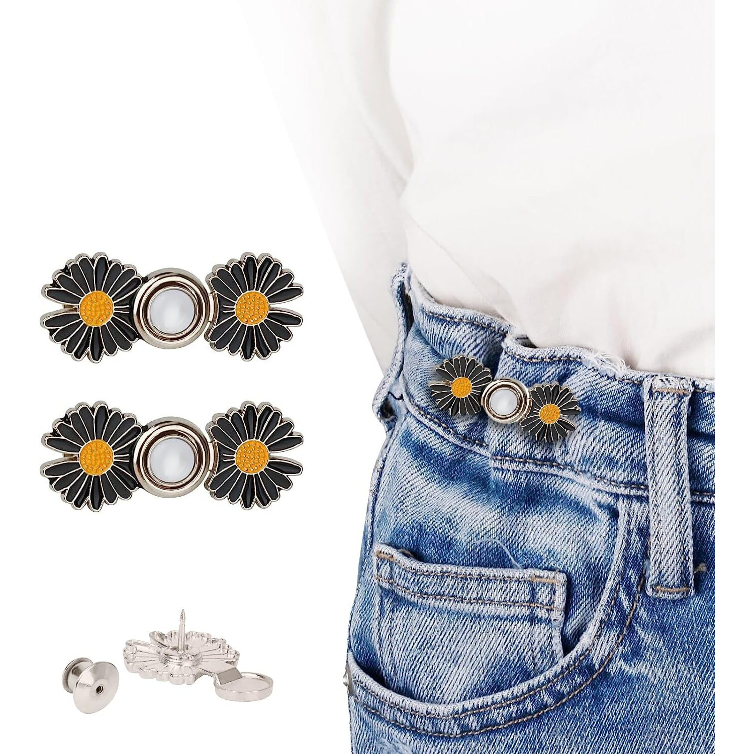 Heavy Driver 2Pcs Pant Waist Tightener, Adjustable Waist Buckle Set, Extra Button For Jeans To Make Tighter, Instant Jeans Button Pins For Pants Jeans Skirts, No Sewing Required (Daisy Flower - B)