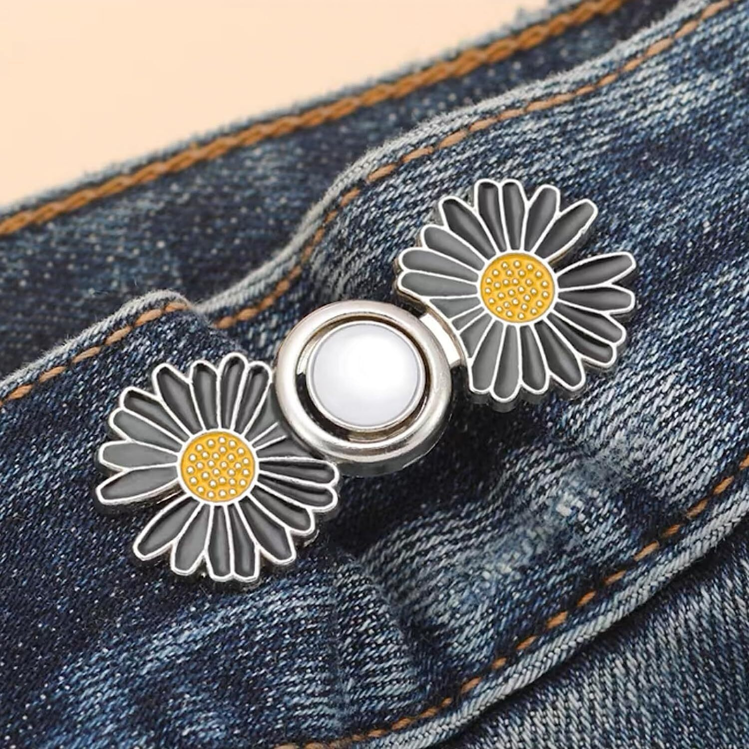 Heavy Driver 2Pcs Pant Waist Tightener, Adjustable Waist Buckle Set, Extra Button For Jeans To Make Tighter, Instant Jeans Button Pins For Pants Jeans Skirts, No Sewing Required (Daisy Flower - B)