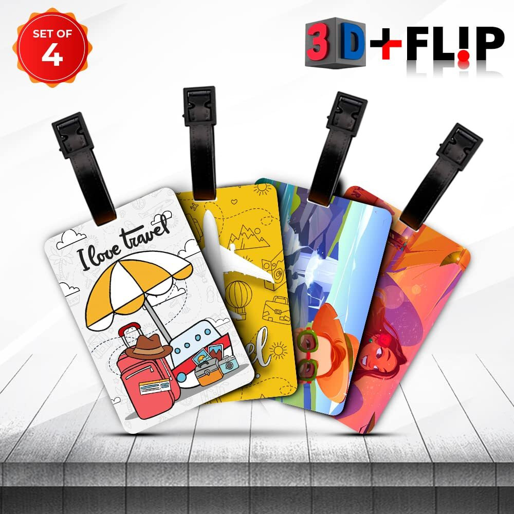 Ultra 3D Id Label Tags For Luggage Suitcase & School Bags Set Of 4 - I Love Travel + Travel Time + Selfies Lady + Men