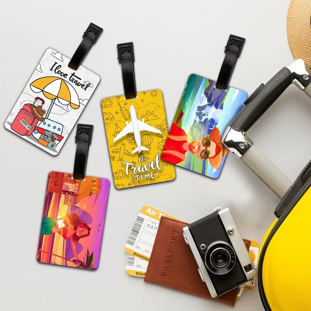 Ultra 3D Id Label Tags For Luggage Suitcase & School Bags Set Of 4 - I Love Travel + Travel Time + Selfies Lady + Men