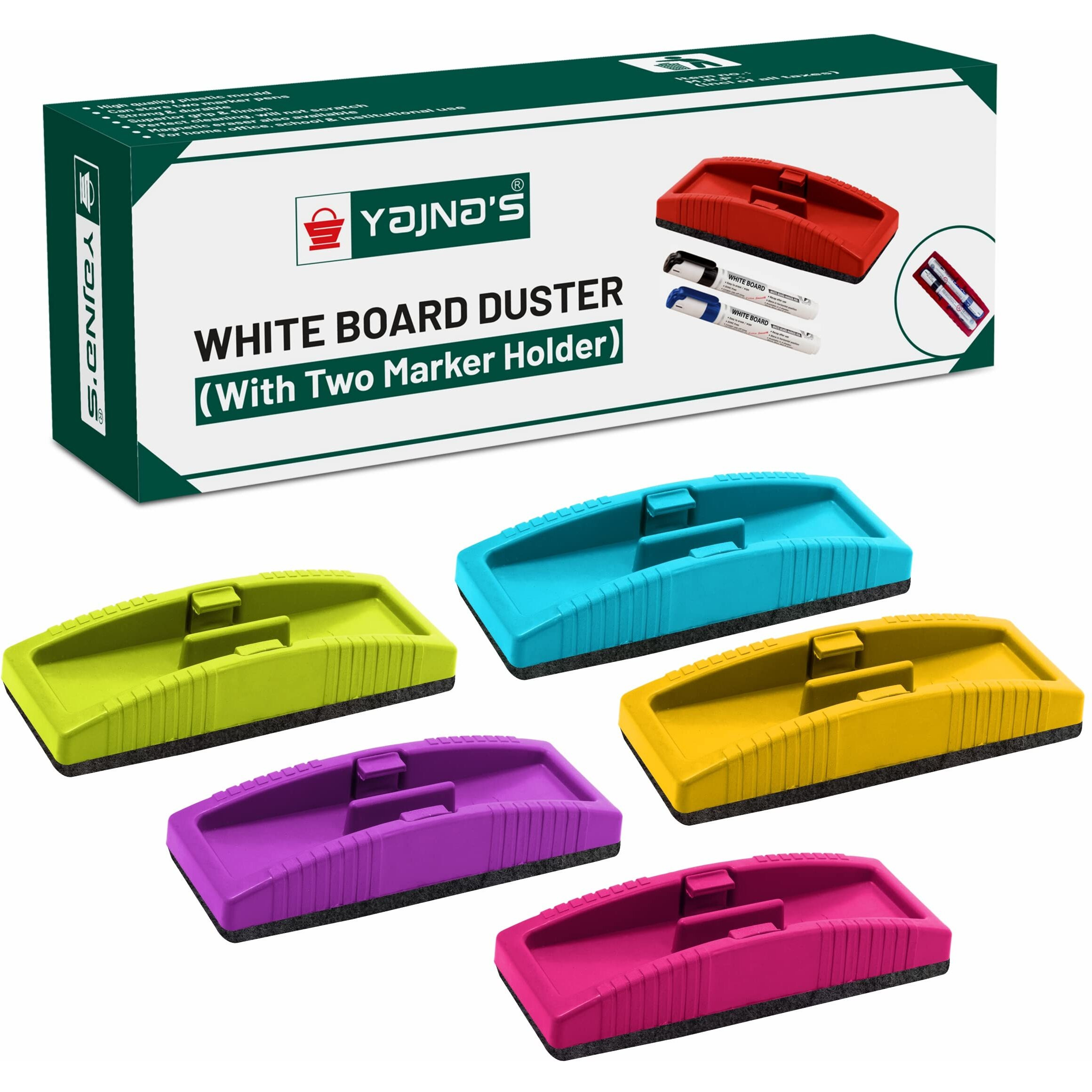 Yajnas Whiteboard Duster & Markers, Assorted Ink Colours Markers, Whiteboard Duster With Easily Erasable Markers, Ideal For Office, School, Home Use - (Magnetic Duster, Pack Of 5)