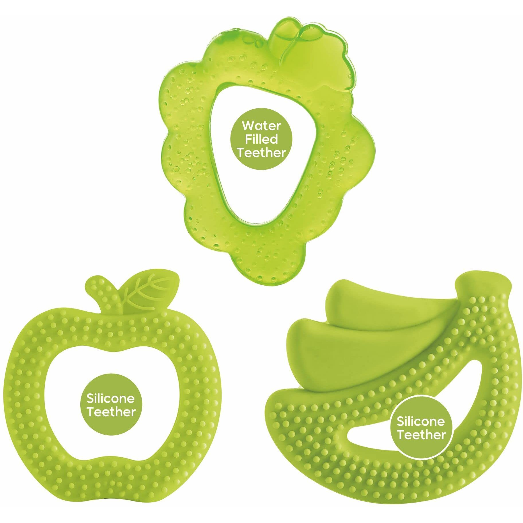 Beebaby Fruit Shape Soft Silicone & Water Filled Teethers Combo With Carrying Case. 100% Bpa-Free. 100% Food Grade. (Green Grapes, Green Banana & Green Apple) 3 Months +