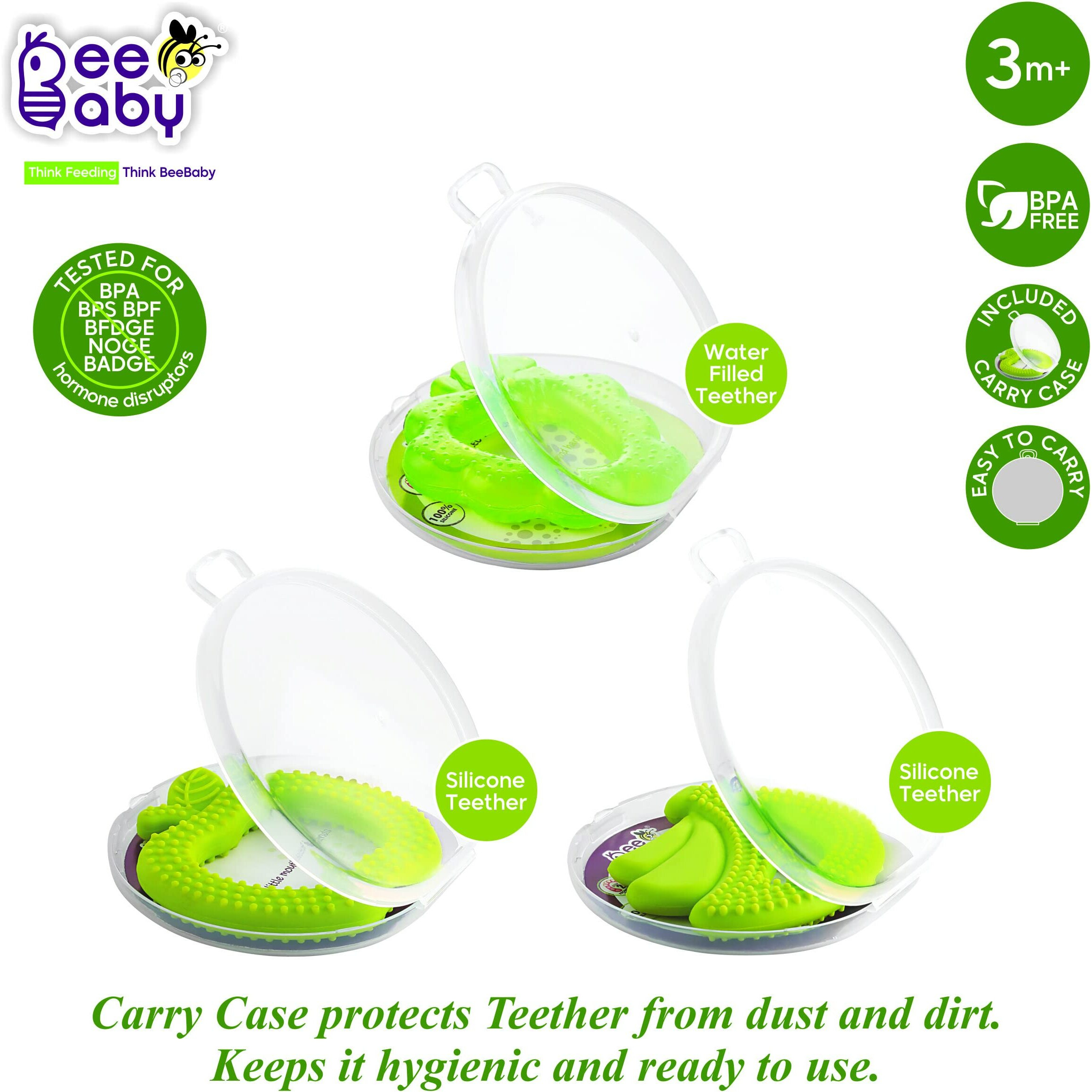 Beebaby Fruit Shape Soft Silicone & Water Filled Teethers Combo With Carrying Case. 100% Bpa-Free. 100% Food Grade. (Green Grapes, Green Banana & Green Apple) 3 Months +