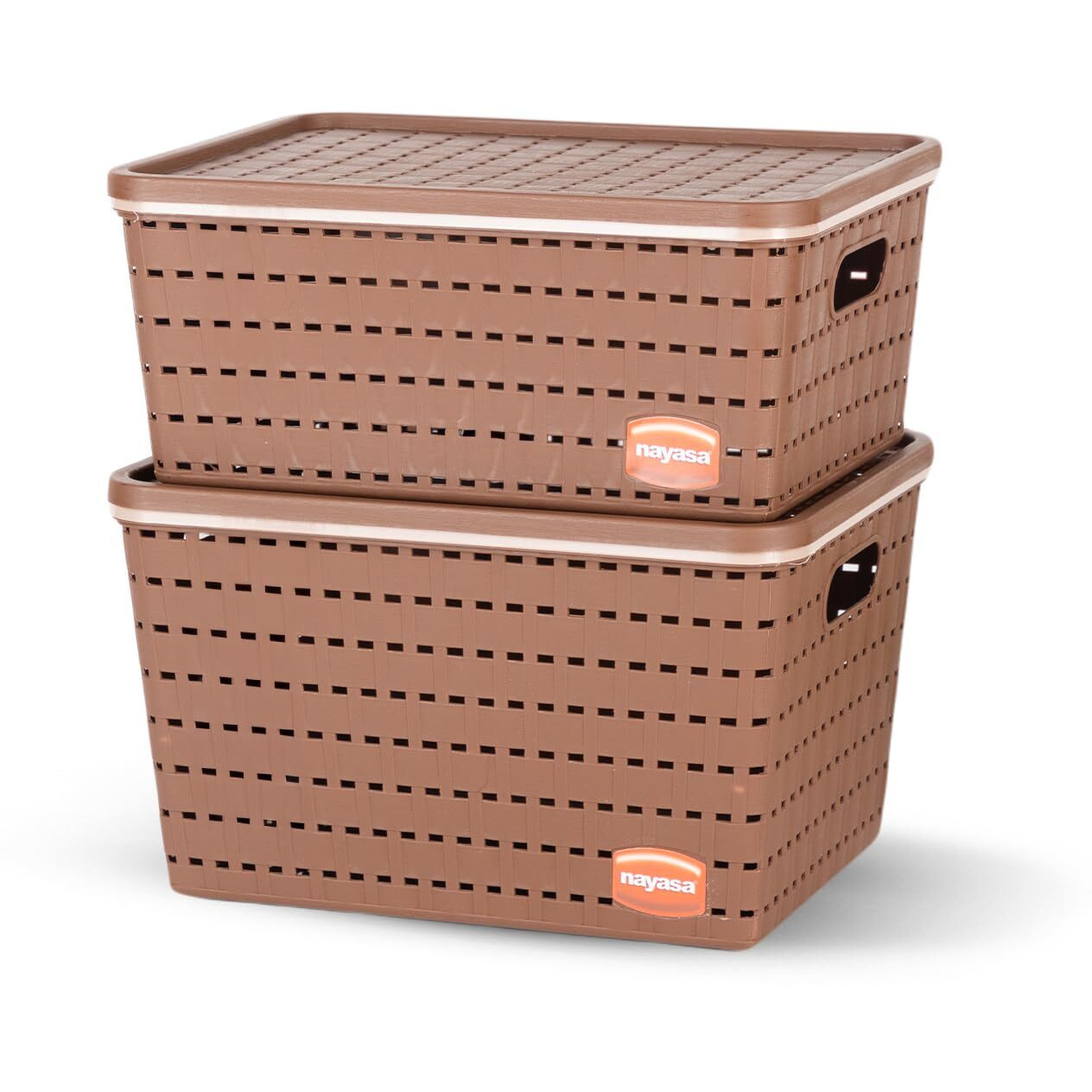 Nayasa Gloria 2 Pcs Set Basket | Rectangular Shape | Medium 1 + Big 1 | Plastic Basket With Lid | Multipurpose Basket With Lid | Organizer Basket With Lid | Brown