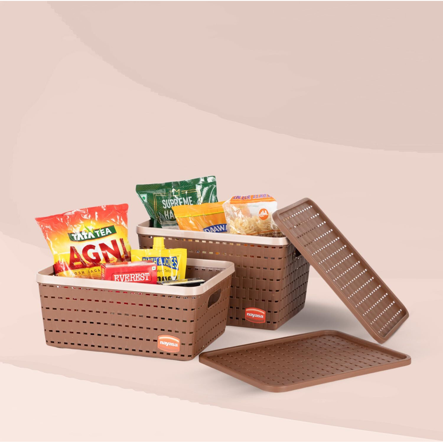 Nayasa Gloria 2 Pcs Set Basket | Rectangular Shape | Medium 1 + Big 1 | Plastic Basket With Lid | Multipurpose Basket With Lid | Organizer Basket With Lid | Brown