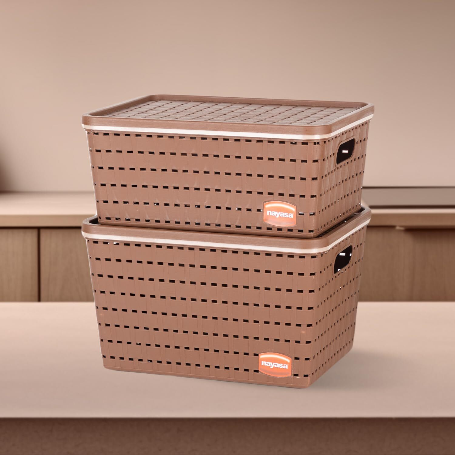 Nayasa Gloria 2 Pcs Set Basket | Rectangular Shape | Medium 1 + Big 1 | Plastic Basket With Lid | Multipurpose Basket With Lid | Organizer Basket With Lid | Brown