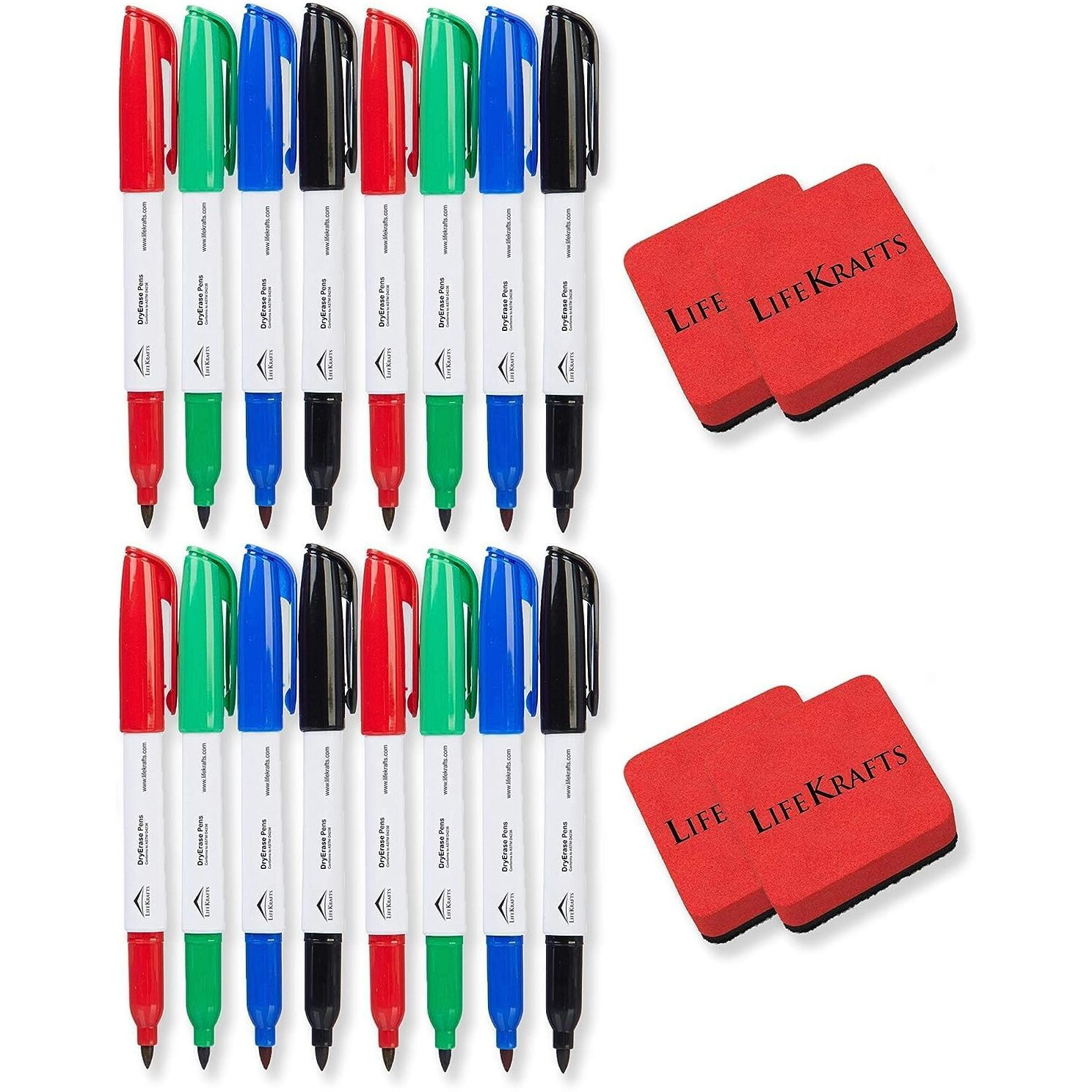 Lifekrafts Dry Erase Marker Pens|Pack Of 16 Includes Black,Blue,Red,Green|Perfect For Writing On Whiteboards,Dry Erase Boards,Mirrors For School,Office,Home Use Etc..,Fine